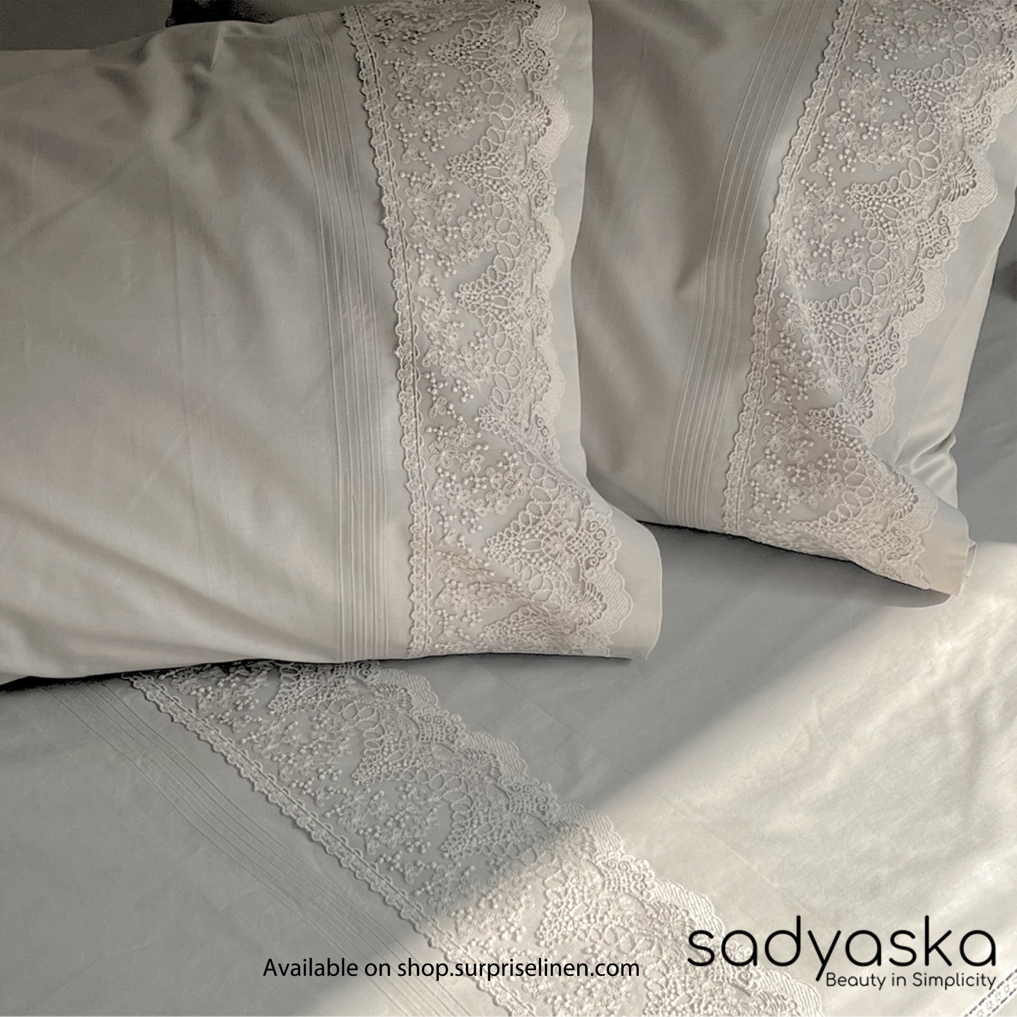 Sadyaska - Chantilly Collection Cotton Embroidered Lace Bed Sheet (Beige)