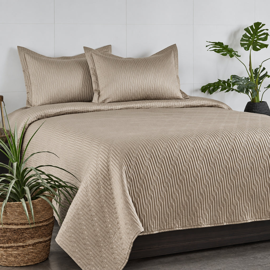 Anna Simona - Symphony 3 Pcs 400 TC Cotton Satin Bed Cover Set (Beige)