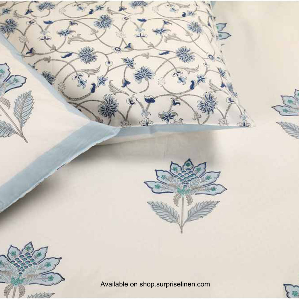 Surprise Home - Etonner Block Print Collection 300 TC Cotton Lotus Blue Bedsheet Set