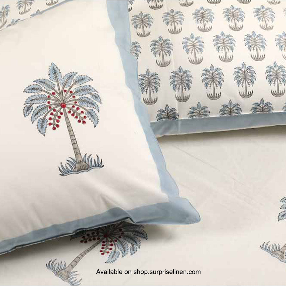 Surprise Home - Etonner Block Print Collection 300 TC Cotton Coconut Tree Blue Bedsheet Set