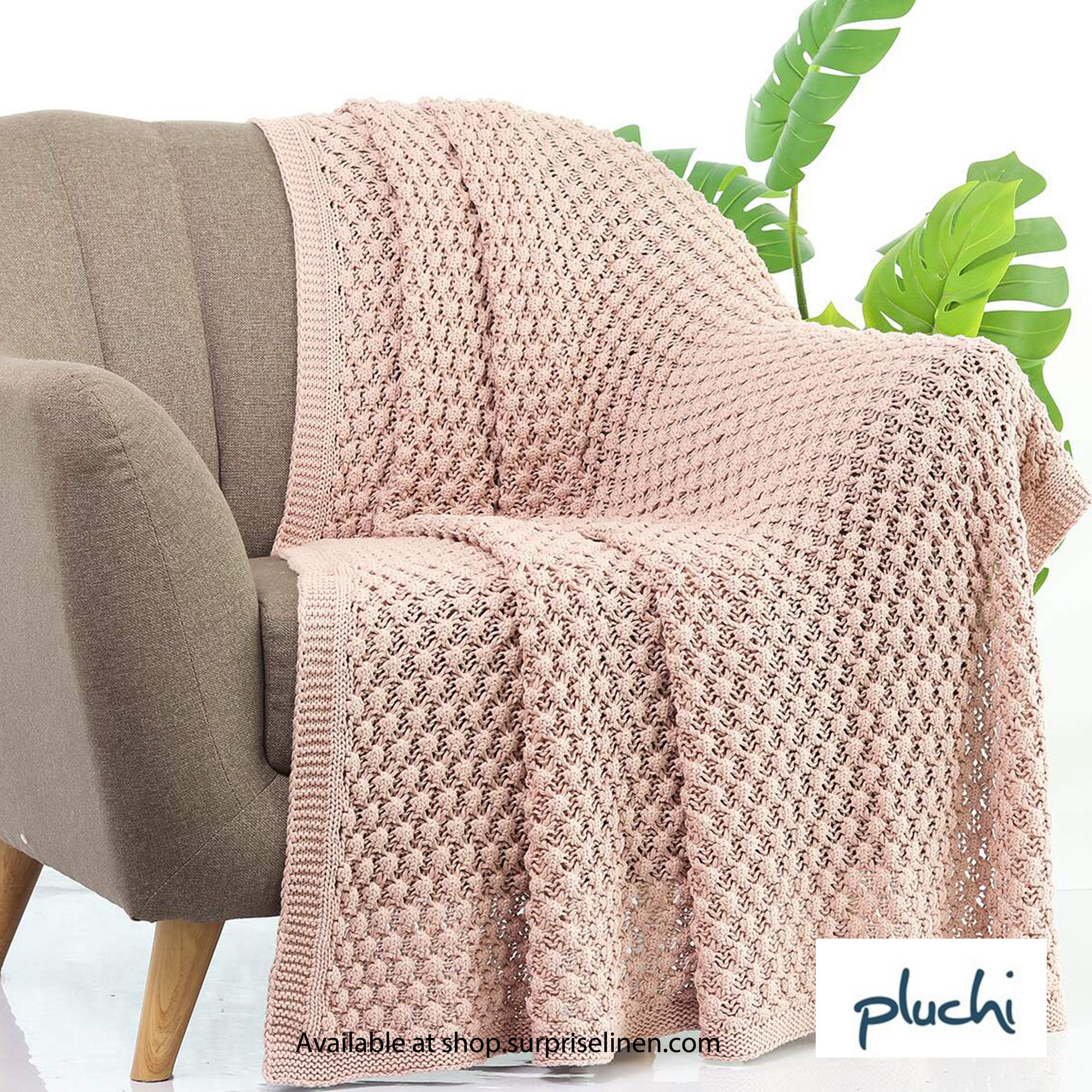 Pluchi - Popcorn Knit Cotton Knitted Throw /Blanket For Round The Year Use (Cameo Pink)