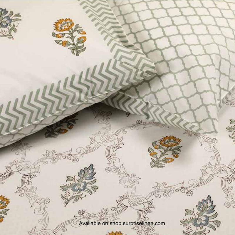 Surprise Home - Etonner Block Print Collection 300 TC Cotton Flower Jal Citrine Bedsheet Set