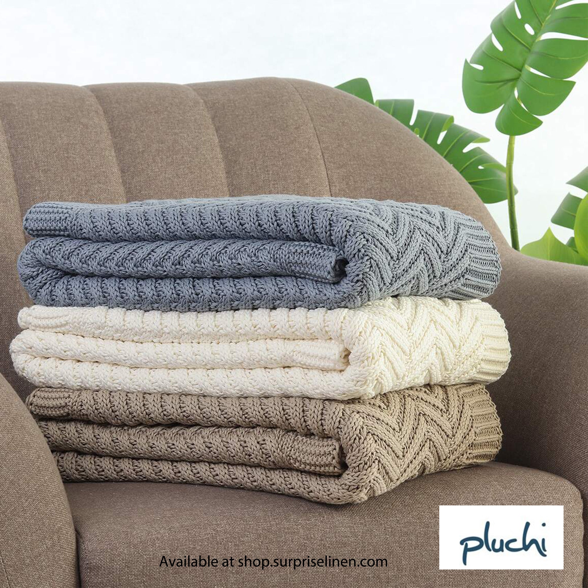 Pluchi - Chevron Cotton Knitted Throw /Blanket For Round The Year Use (Oatmeal)