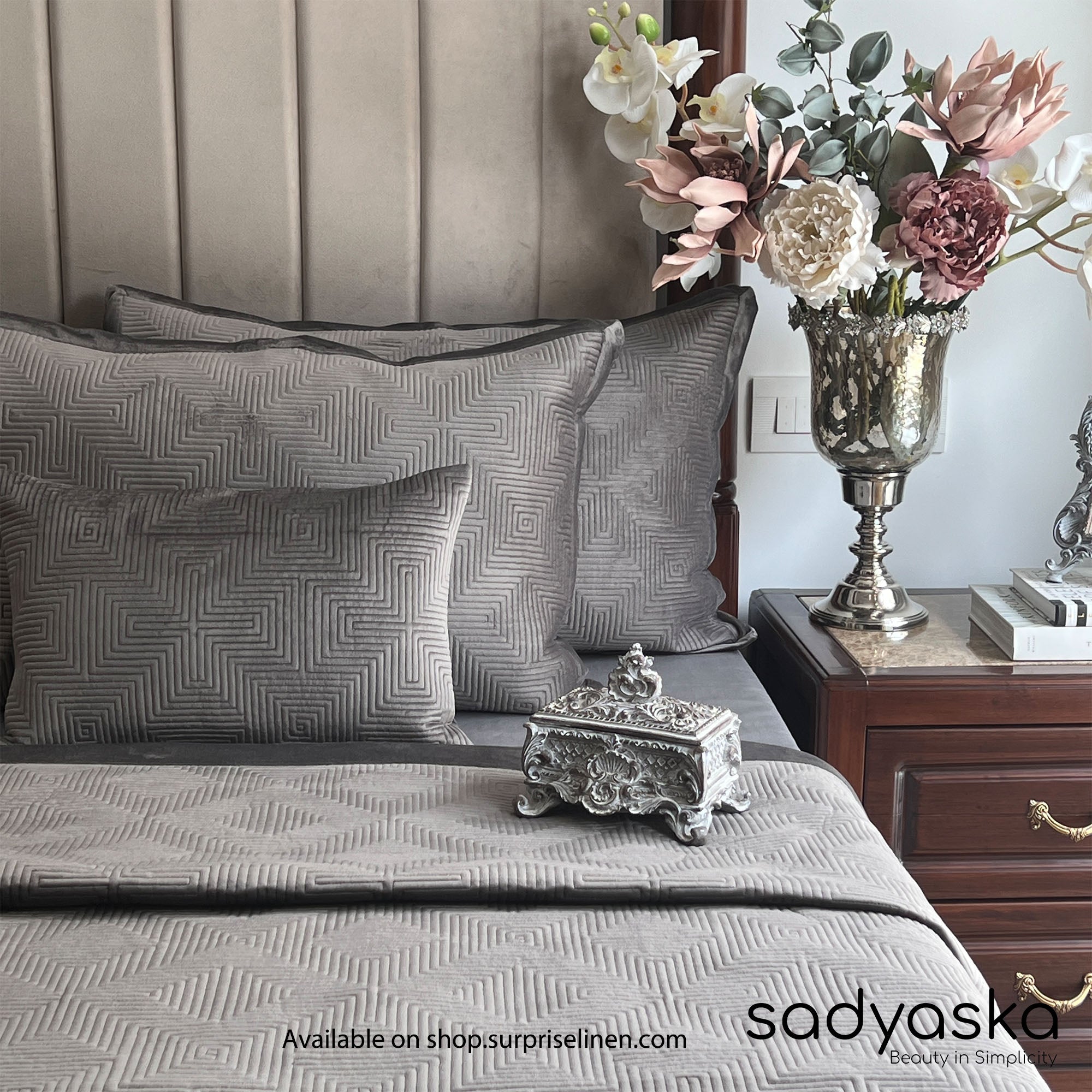 Sadyaska - Maze Velvet 3 Pcs Bedspread Set (Dark Grey)