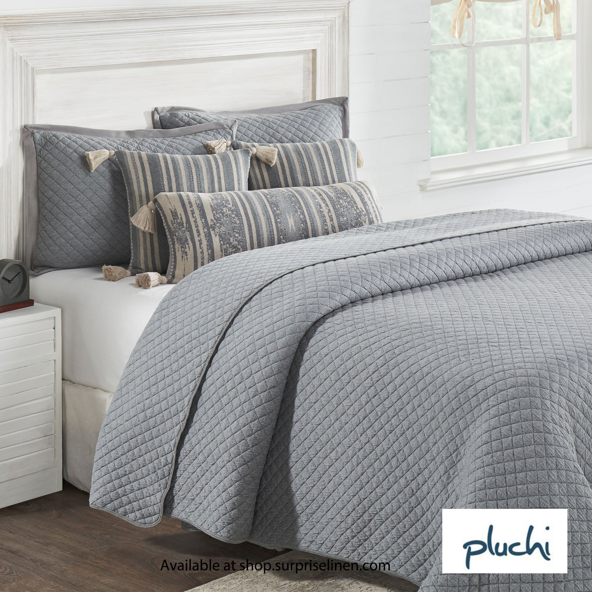 Pluchi - Hilda 100% Premium Cotton 6 Pcs King Size Bed Cover Set (Light Grey)