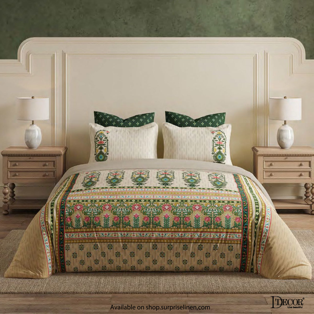 D'Decor - Jamdani Collection Kusumit Super King Size Bedsheet Set (Olive Branch)