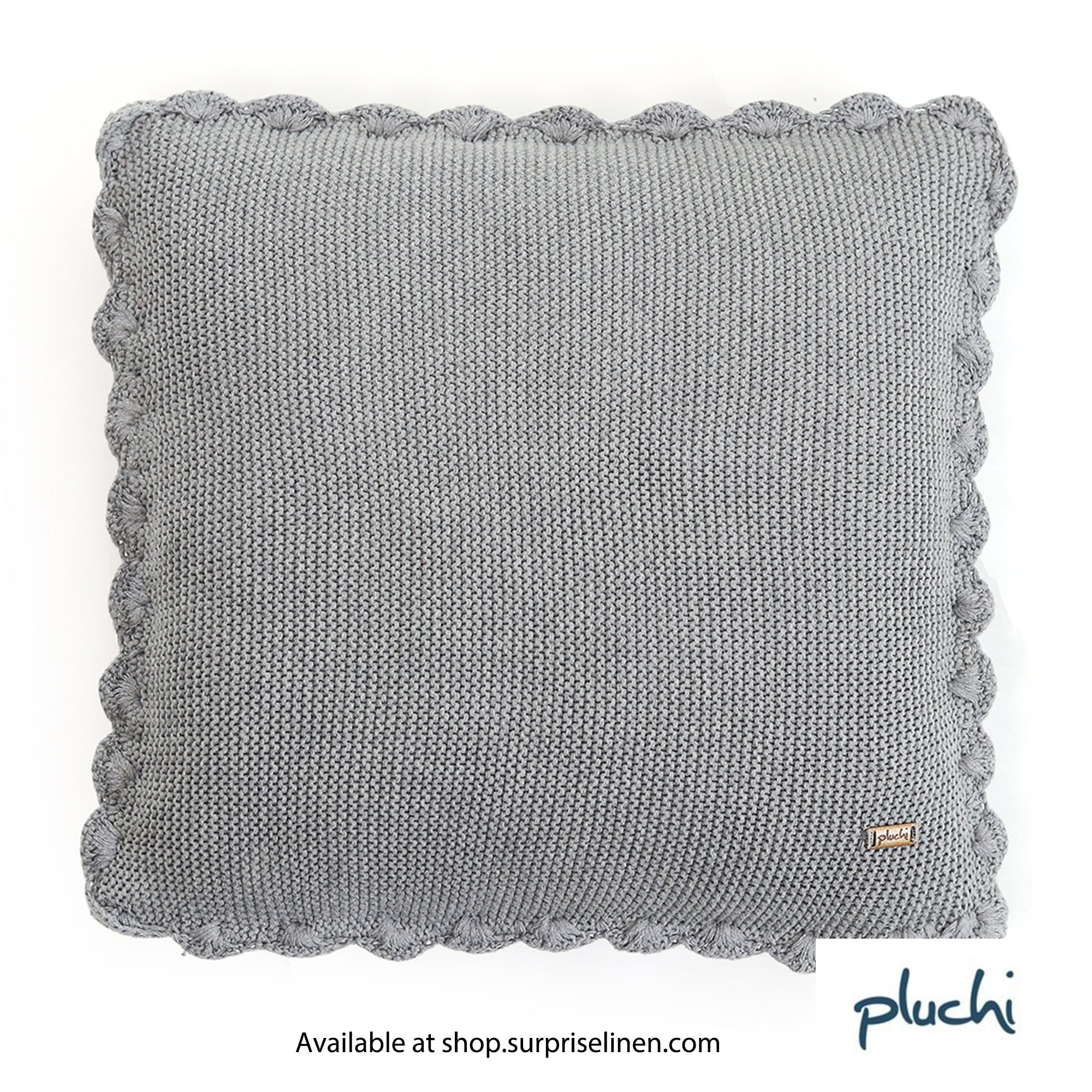 Pluchi - Transfer Knit with Hand Crochet Border Cushion Cover (Grey)