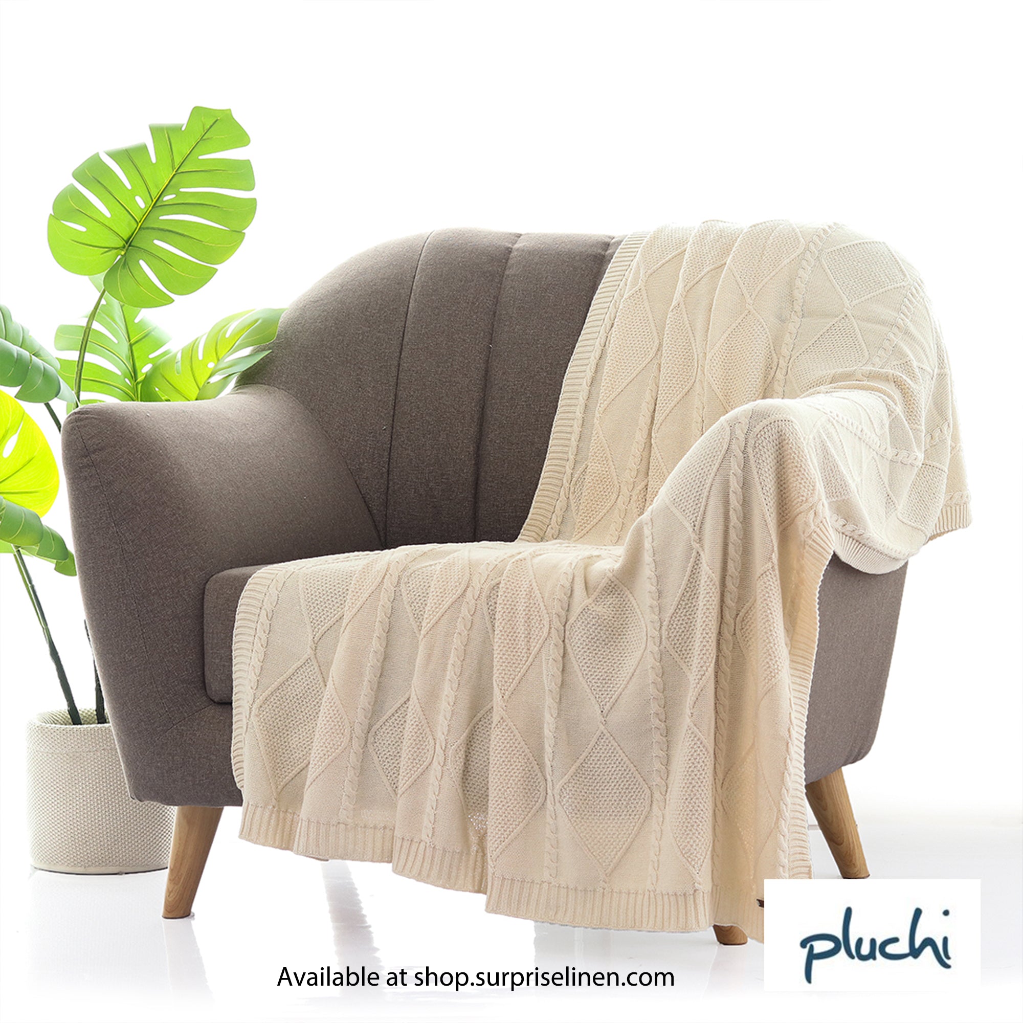 Pluchi - Cable Moss Cotton Knitted All Season Ac Throw Blanket (Natural)