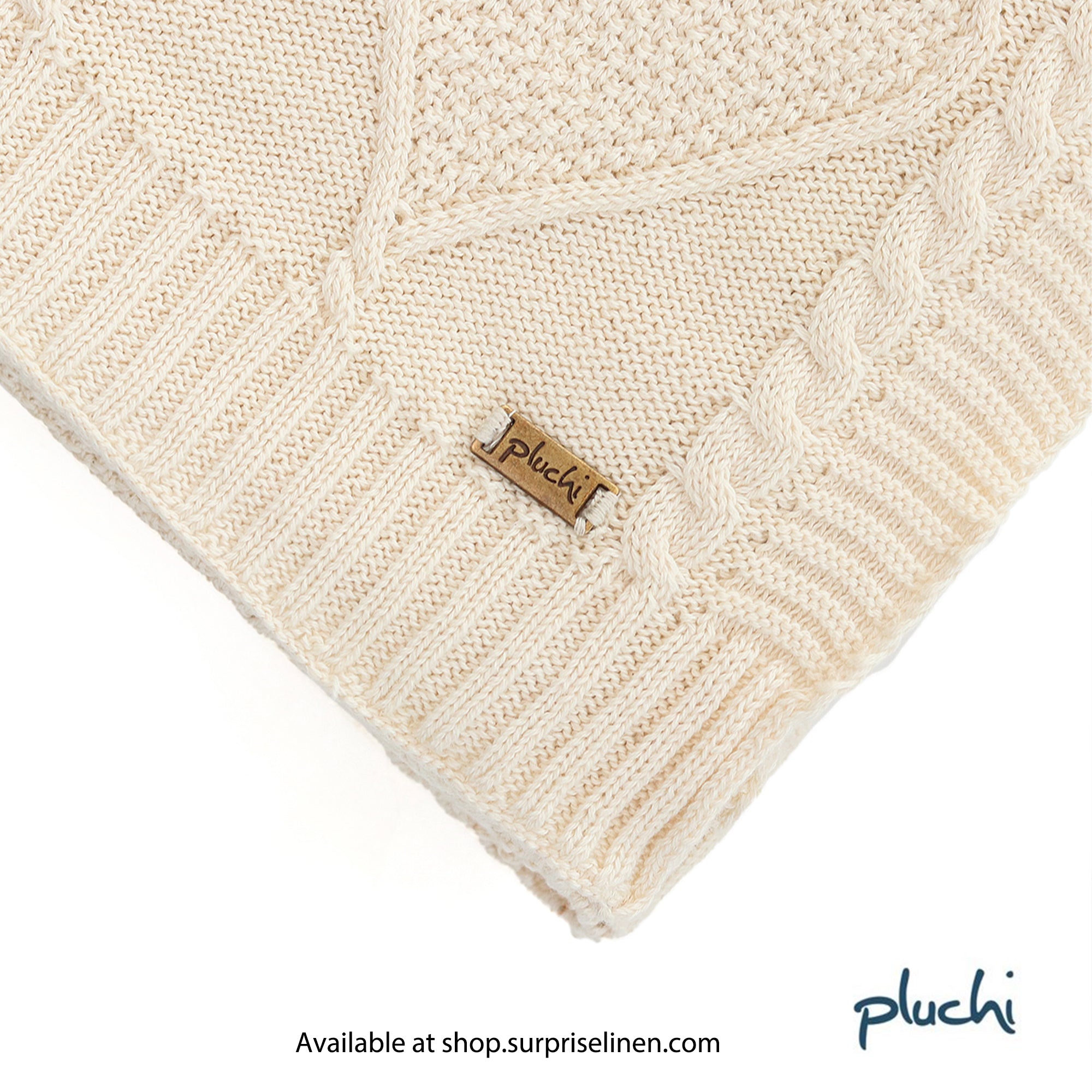 Pluchi - Cable Moss Cotton Knitted All Season Ac Throw Blanket (Natural)