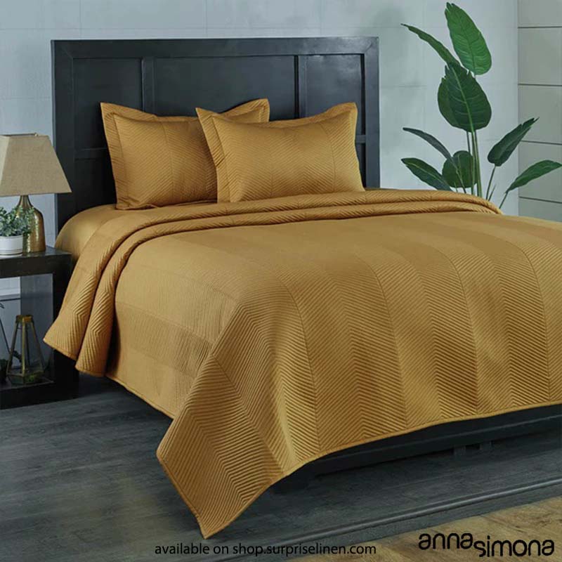 Anna Simona - Chevron 3 Pcs 400 TC Fine Cotton Satin Bed Cover Set (Mustard Yellow)