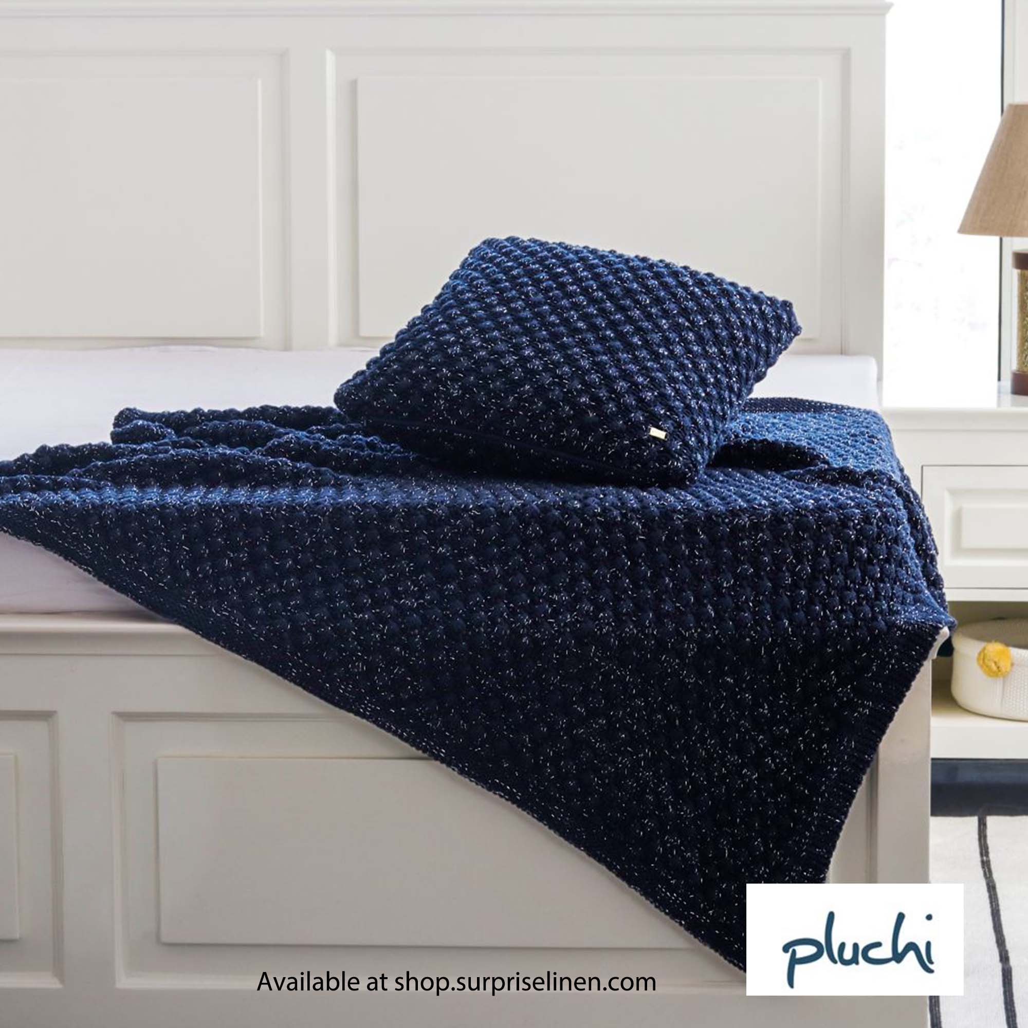 Pluchi - Popcorn Silver Metallic Yarn 100% Cotton Knitted All Season AC Throw Blanket (Navy)