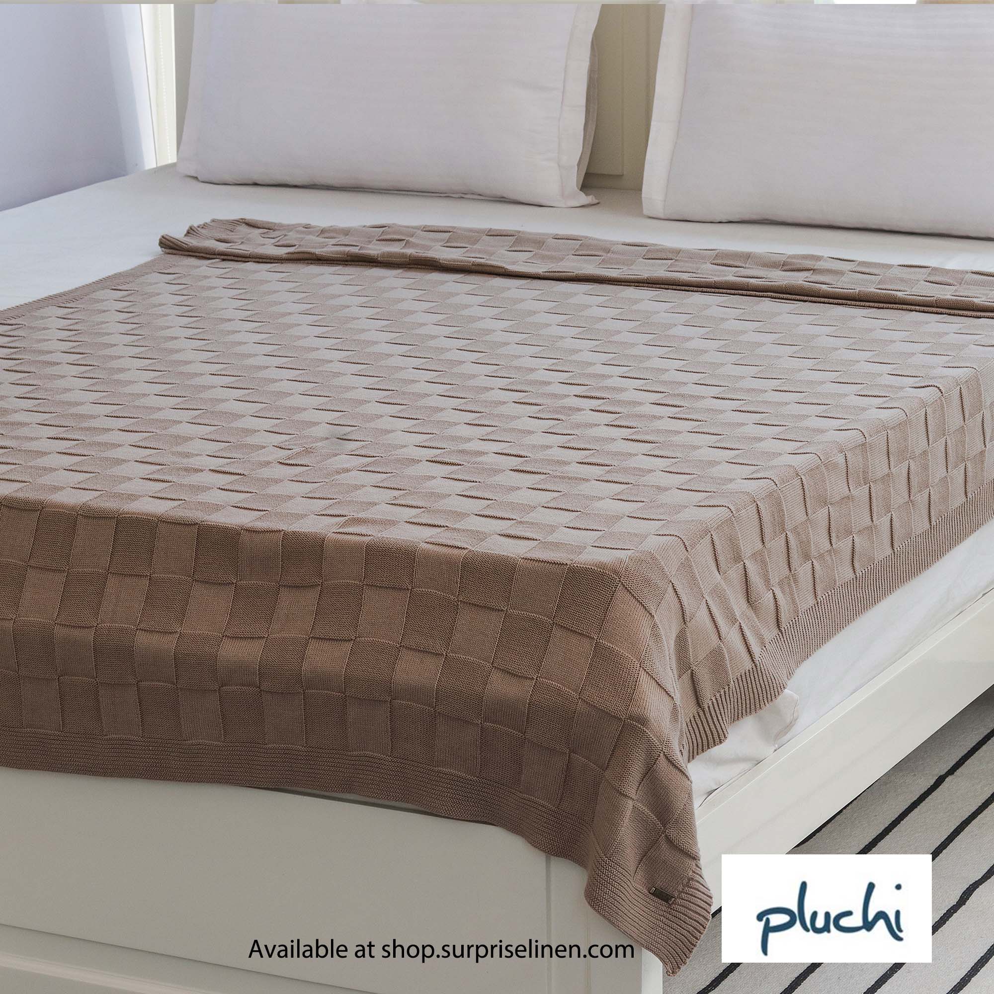 Pluchi - Square Checks 100% Cotton Knitted AC Blanket / Dohar for Round the Year Use (Stone)