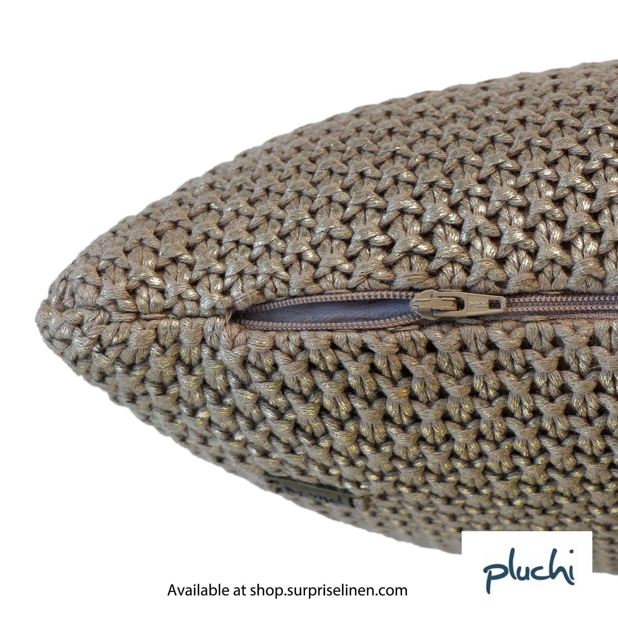 Pluchi - Moss Knit Foil Print Knitted Cotton Cushion Cover (Stone & Dull Gold)