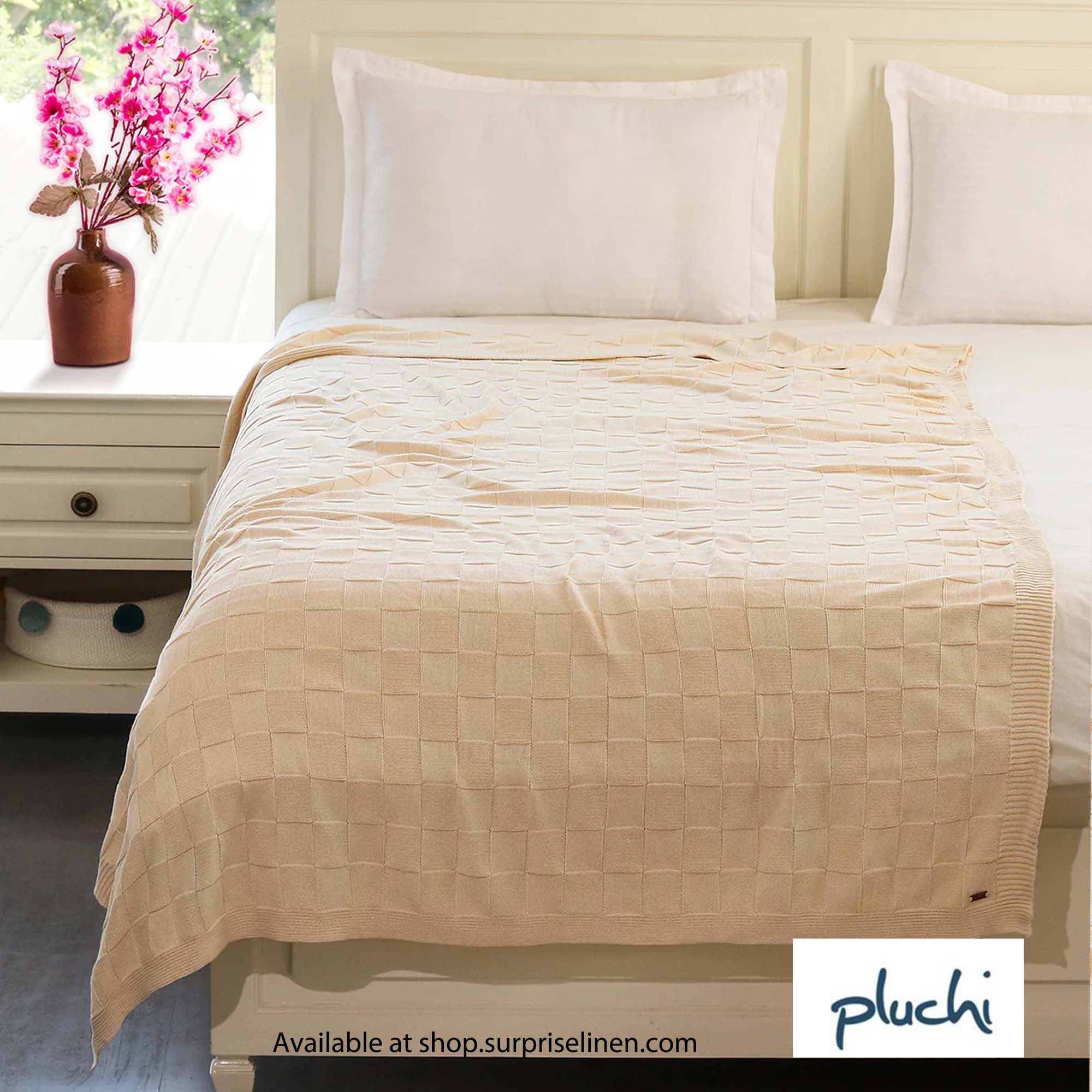 Pluchi - Square Checks Cotton Knitted Single Bed AC Blanket / Dohar For Round The Year Use (Natural)