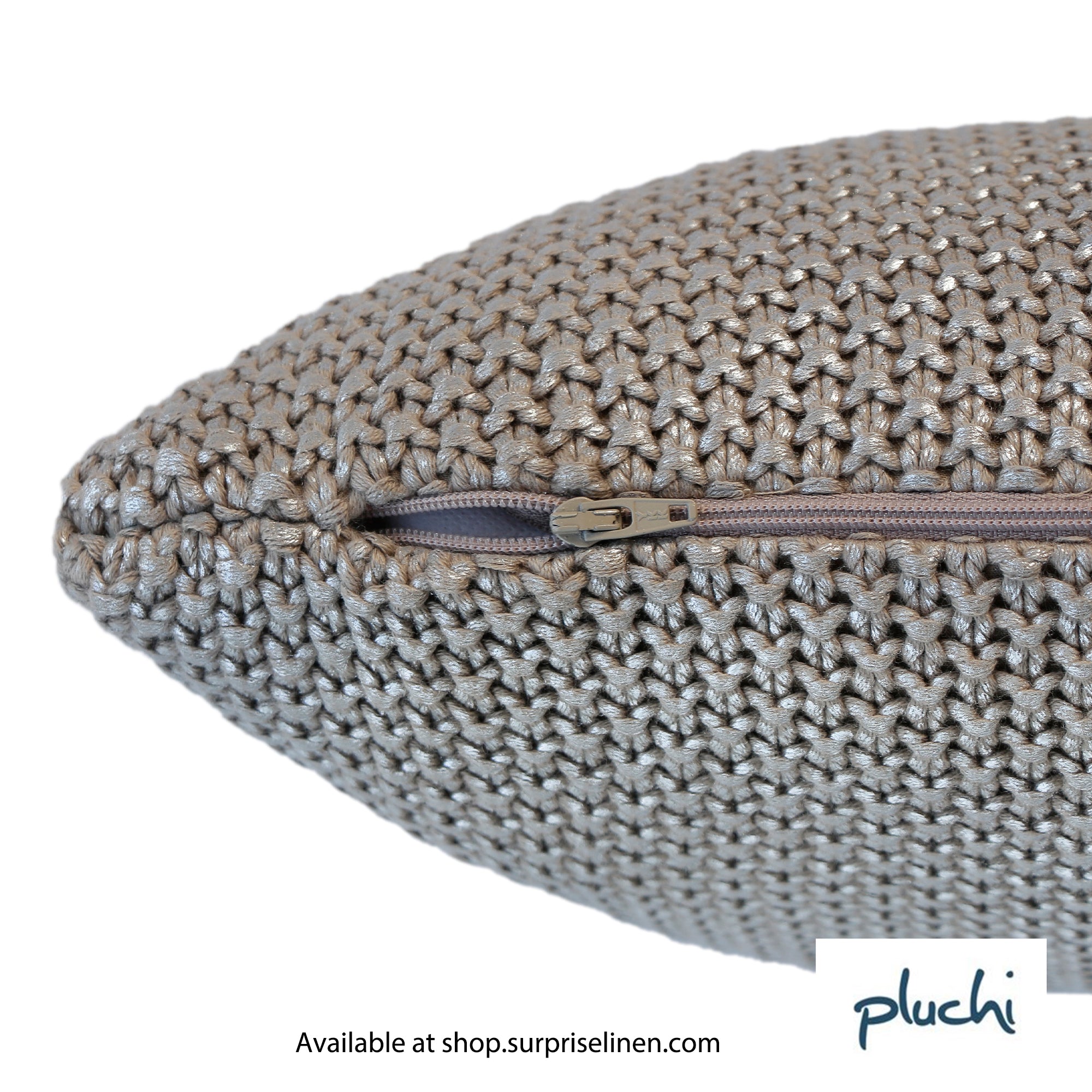 Pluchi - Moss Knit Foil Print Knitted Cotton Cushion Cover (Stone & Silver)