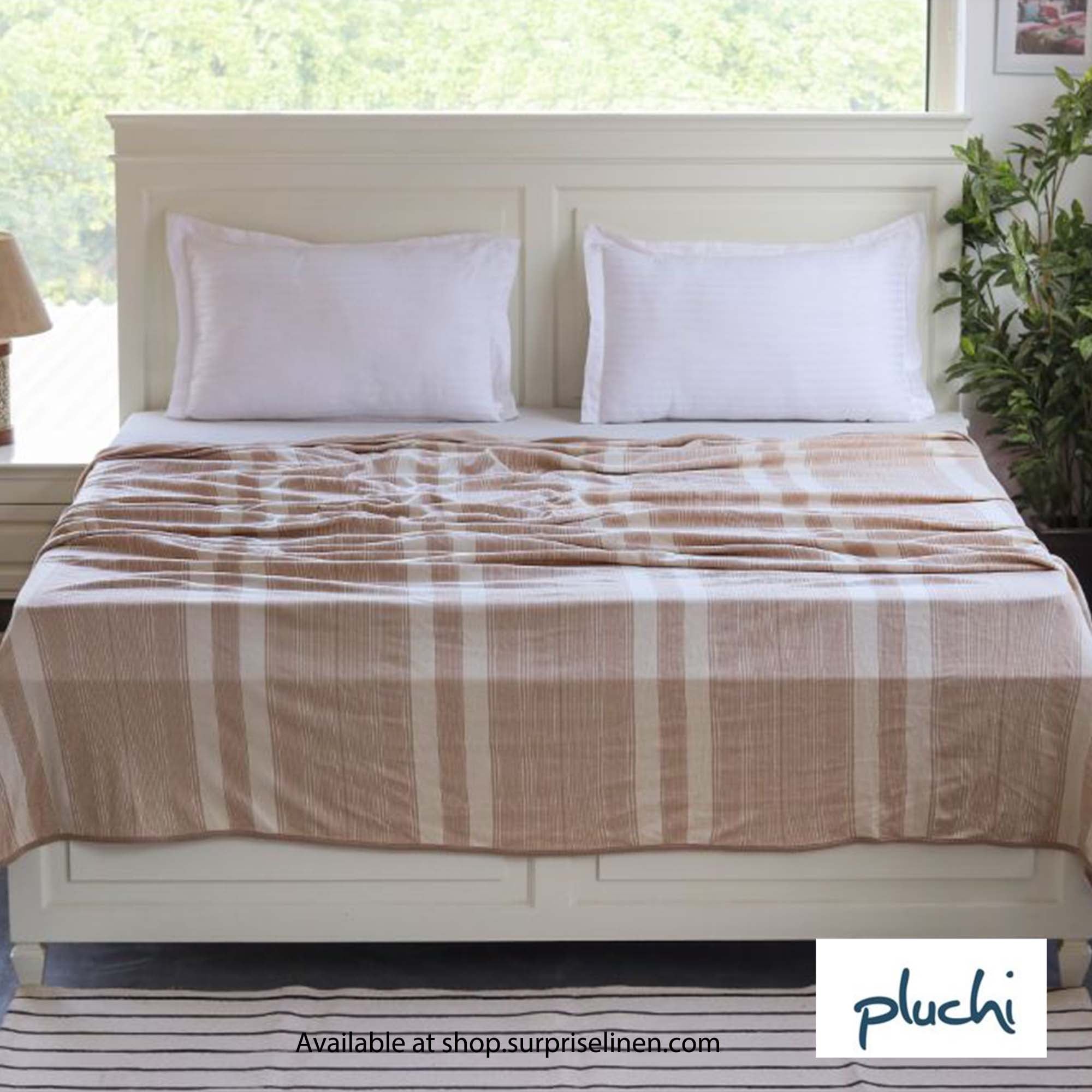 Pluchi - Stripe Double Cotton Knitted Ac Blanket for Round the Year Use (Beige)