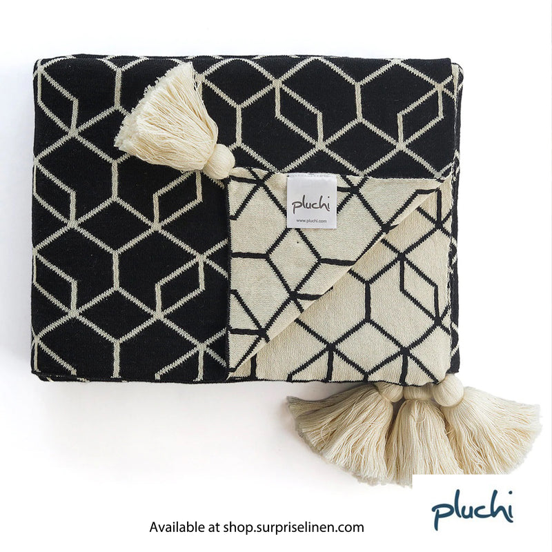 Pluchi - Trellis Pure Cotton Knitted All Season Ac Throw Blanket (Black & Natural)
