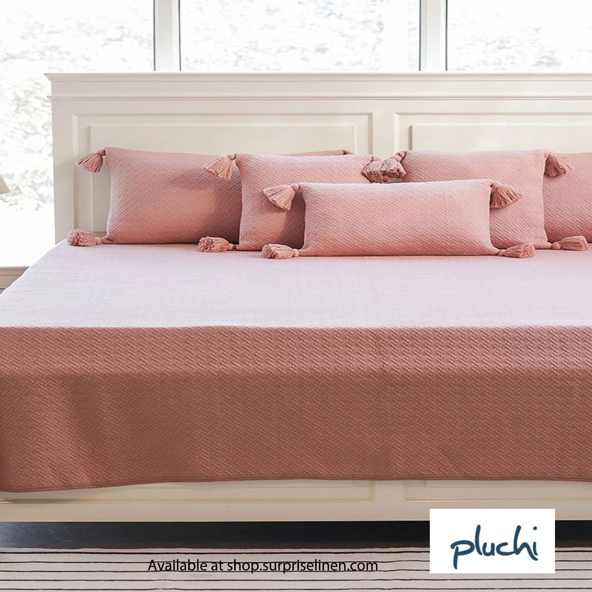 Pluchi - Taylor 100% Cotton Knitted King Size 6 Pcs Bed Cover Set (Pale Pink)