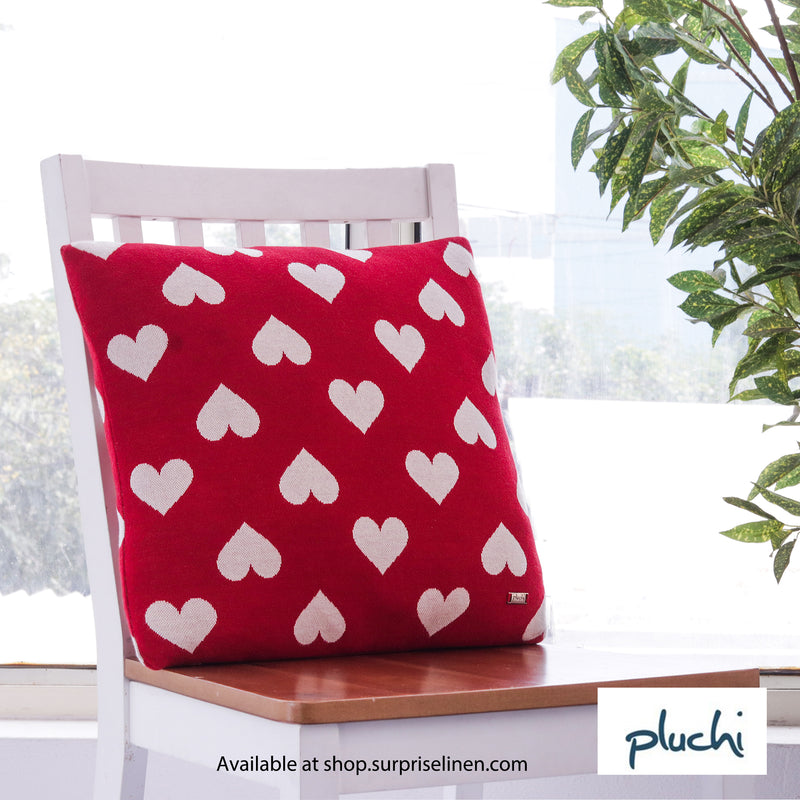 Pluchi - All Over Hearts Cotton Knitted Cushion Cover (Red & Natural Color)