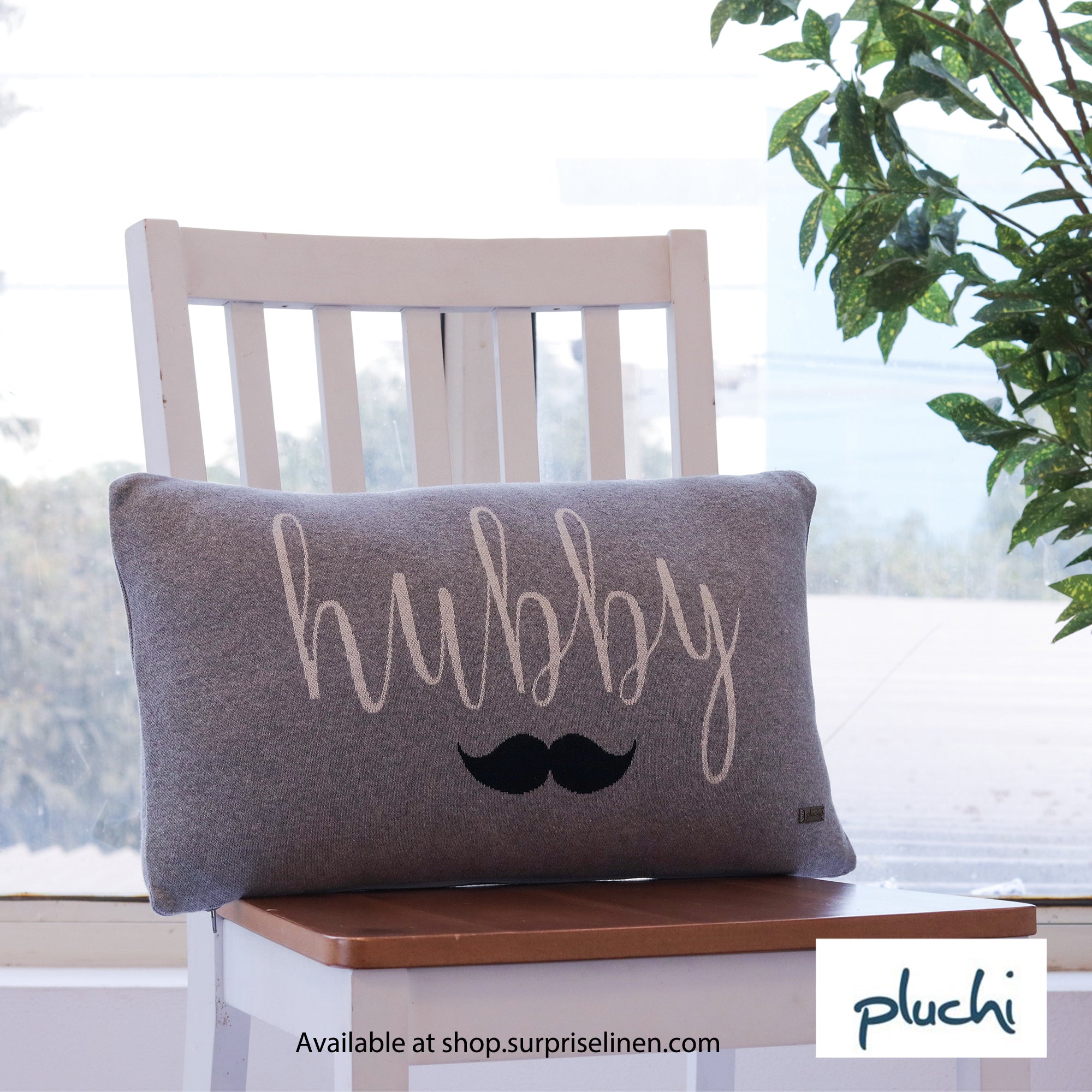 Pluchi - Hubby Wifey Cotton Knitted Cushion Cover Set Of 2 Pcs (Light Grey)