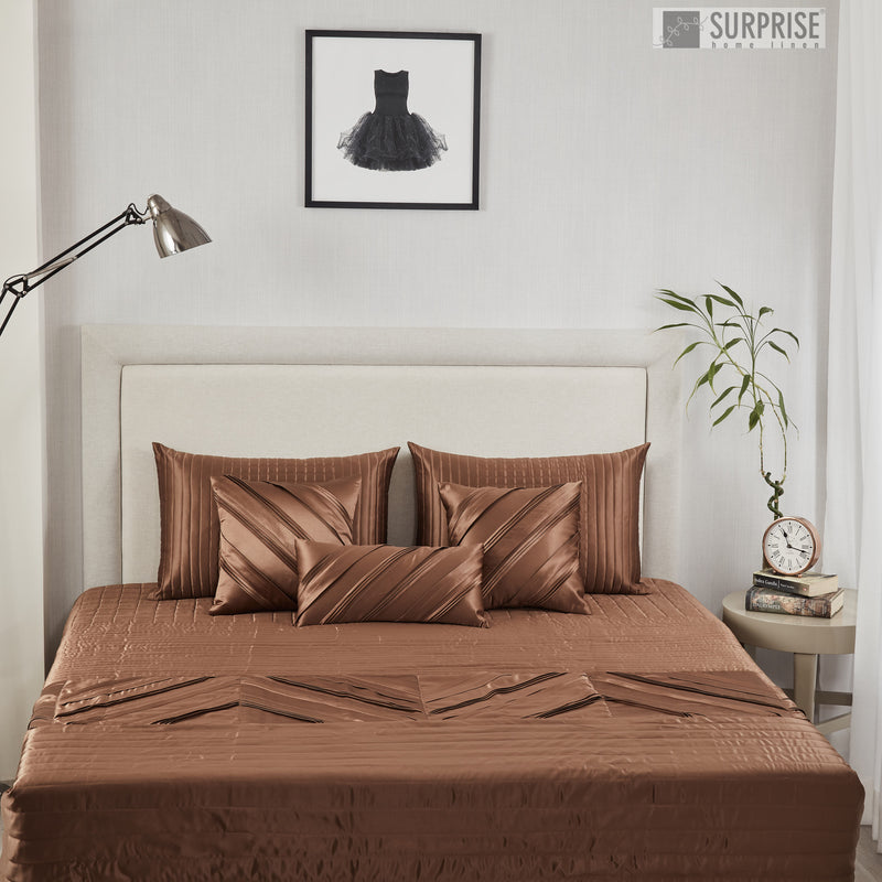 Surprise Home - Luxurious Silk Pleats 6 Pcs Bed Cover set (Brown)