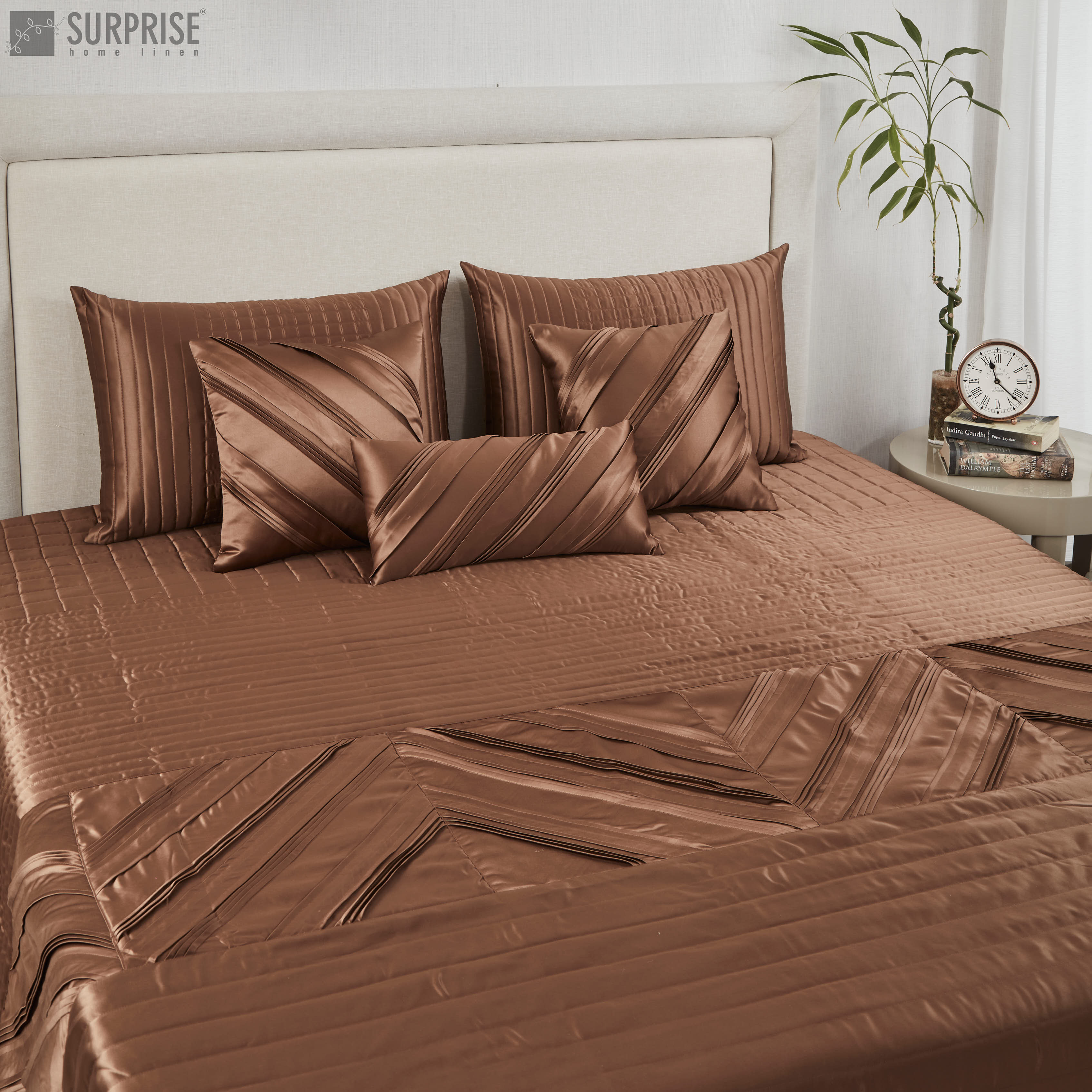 Surprise Home - Luxurious Silk Pleats 6 Pcs Bed Cover set (Brown)