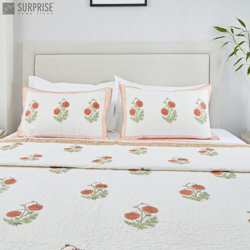 Surprise Home - Hand Block Printed Bed Covers (White & Orange)