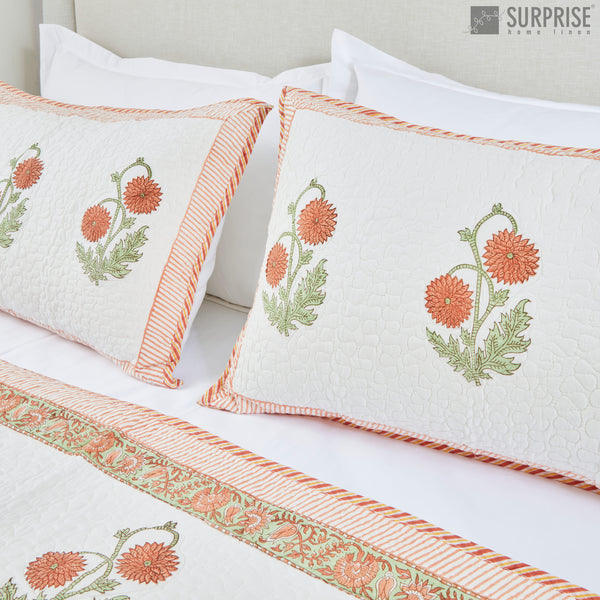 Surprise Home - Hand Block Printed Bed Covers (White & Orange)