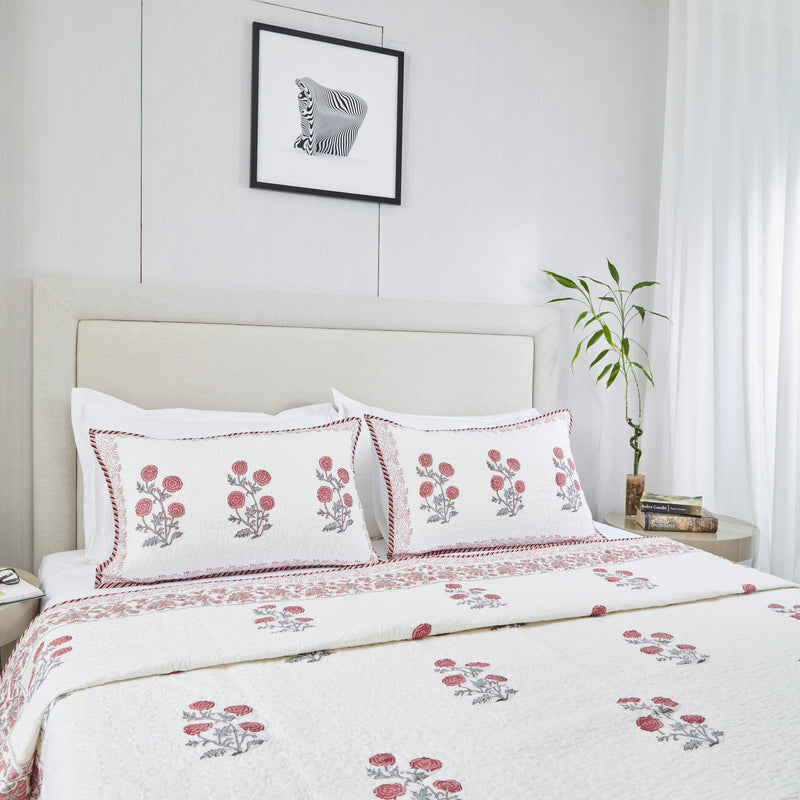 Surprise Home - Hand Block Printed Bed Covers (White & Pink)