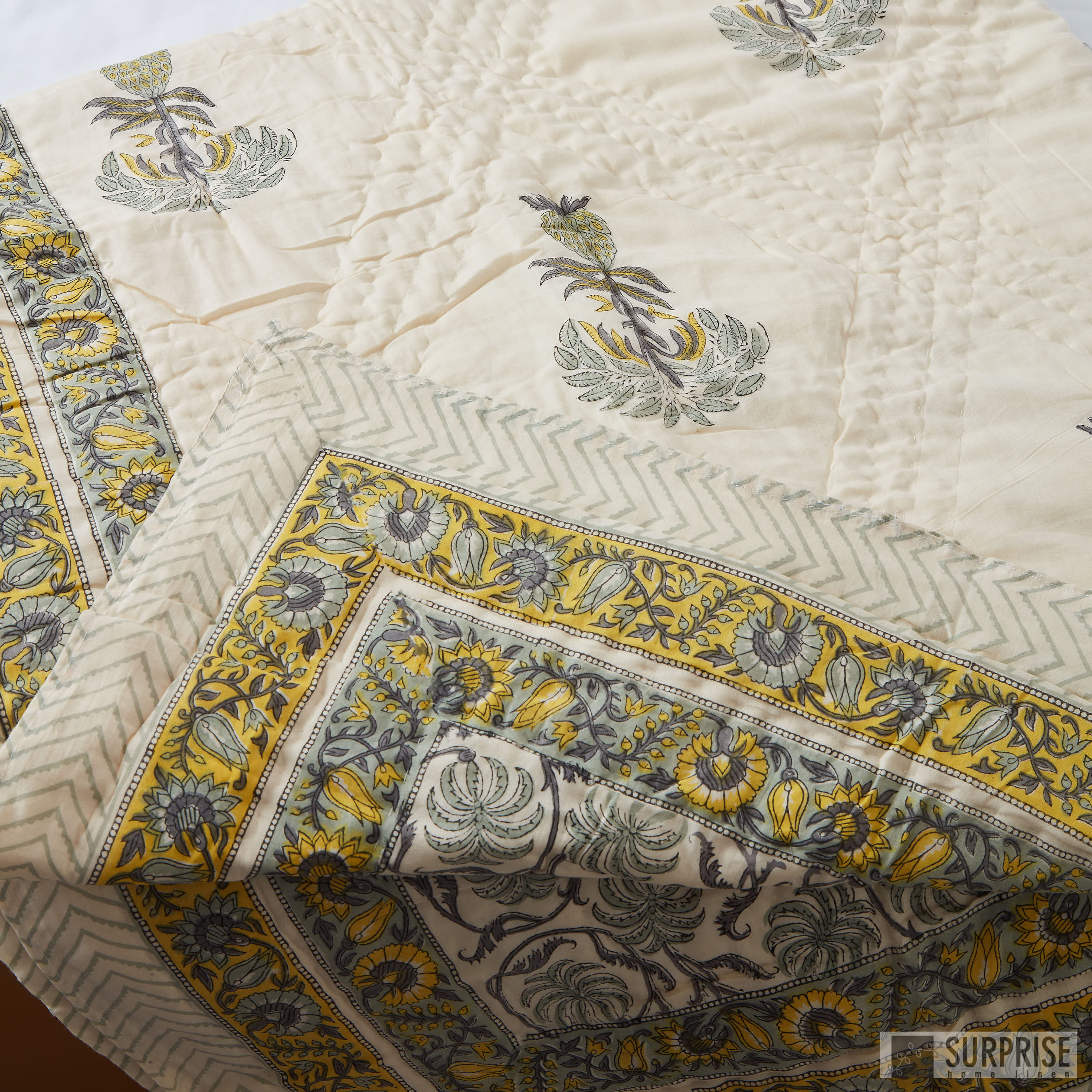 Surprise Home - Hand Block Print Rajai (Floral Cream)