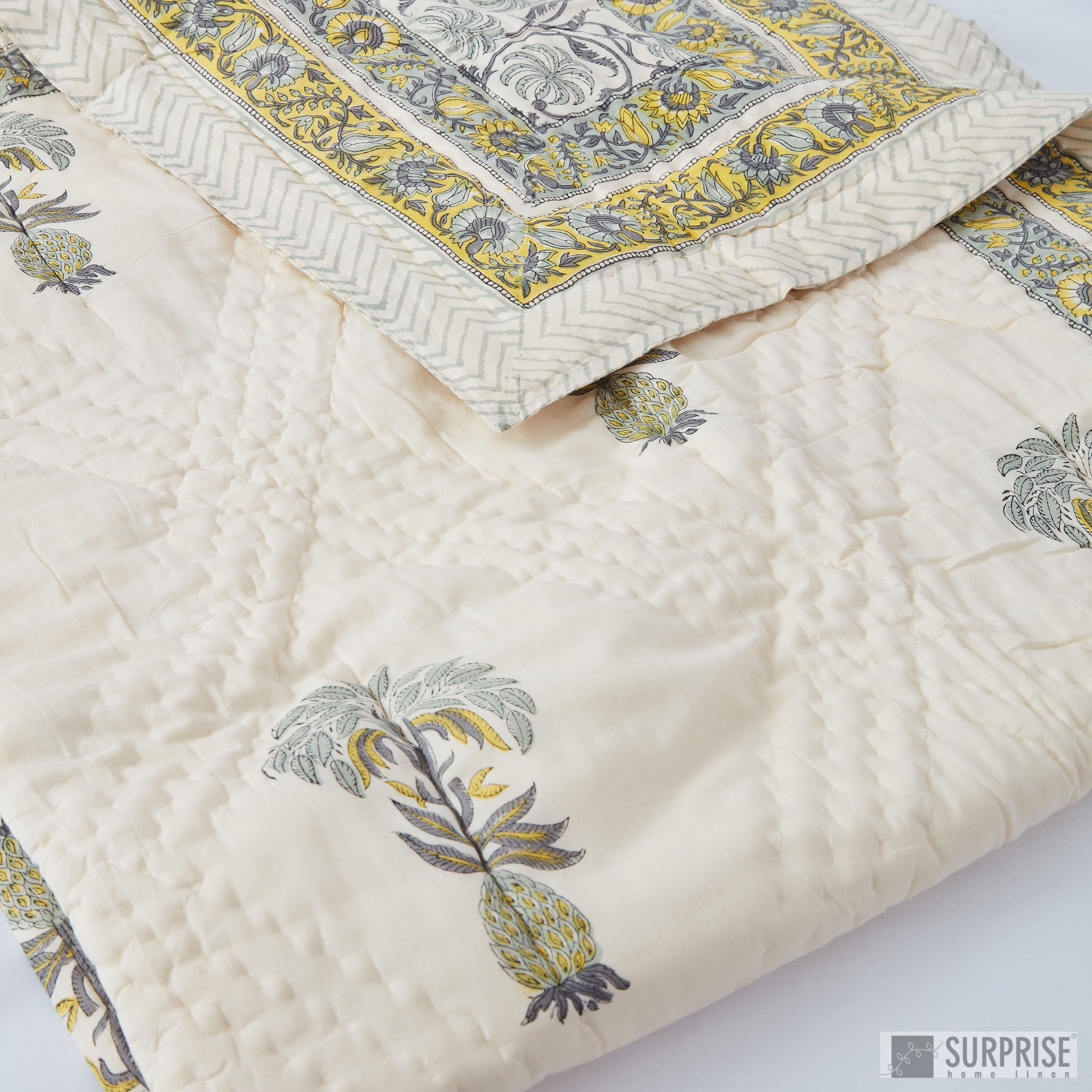 Surprise Home - Hand Block Print Rajai (Floral Cream)