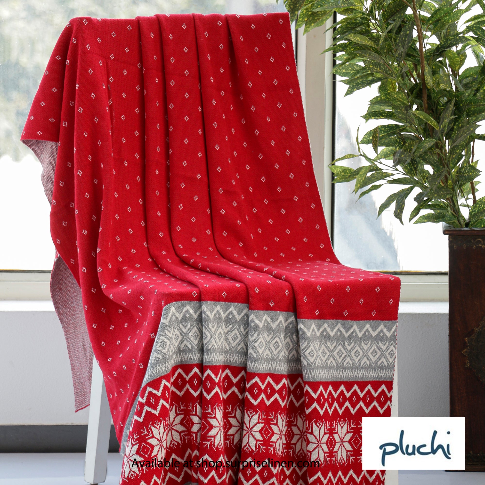 Pluchi - Snow Star Cotton Knitted All Season AC Throw Blanket (Red)