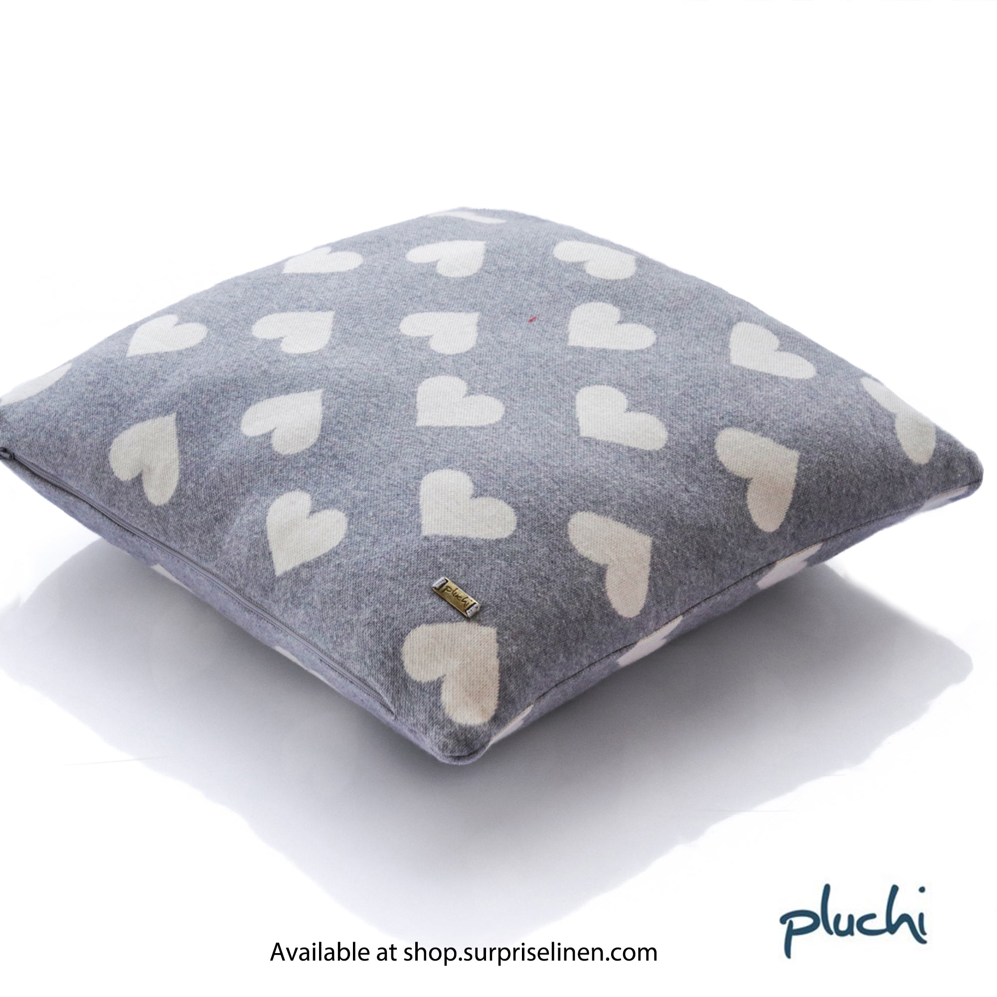 Pluchi - All Over Hearts Cotton Knitted Cushion Cover (Light Grey)