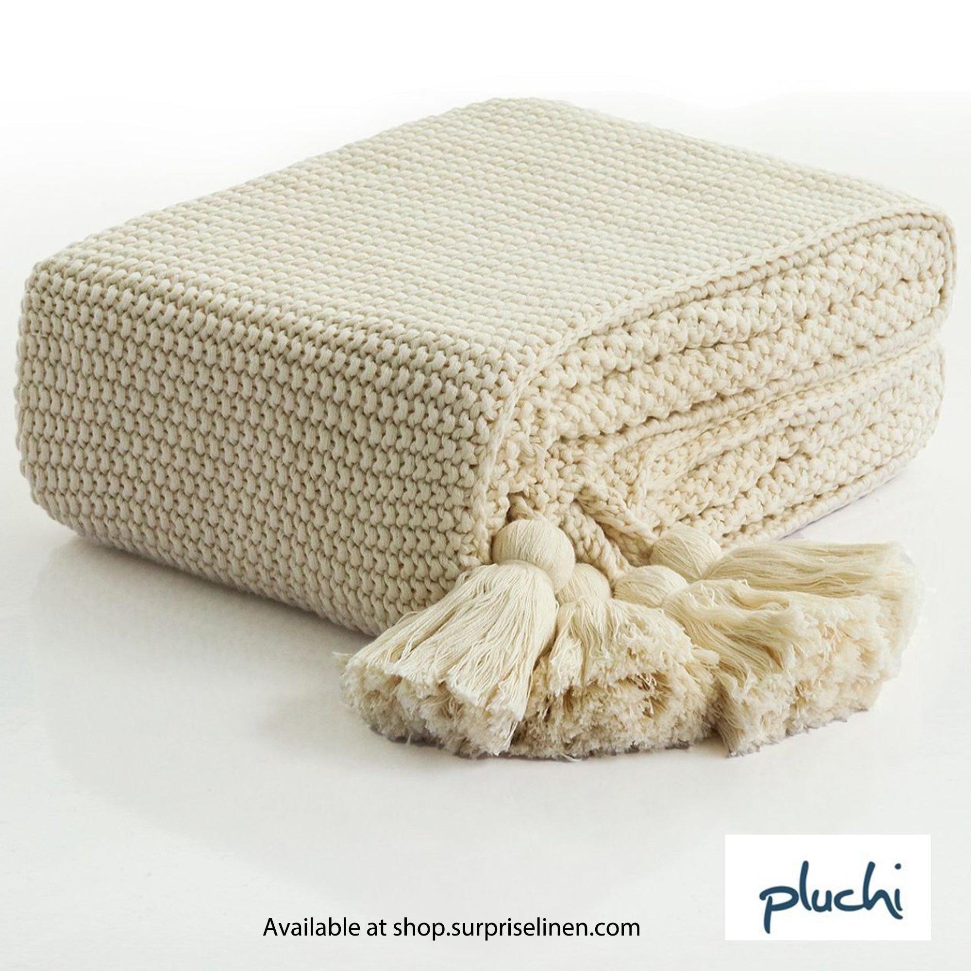 Pluchi - Seed Stitch Chunky Knit Cotton Knitted Throw / Blanket  for Round the Year Use (Cream)