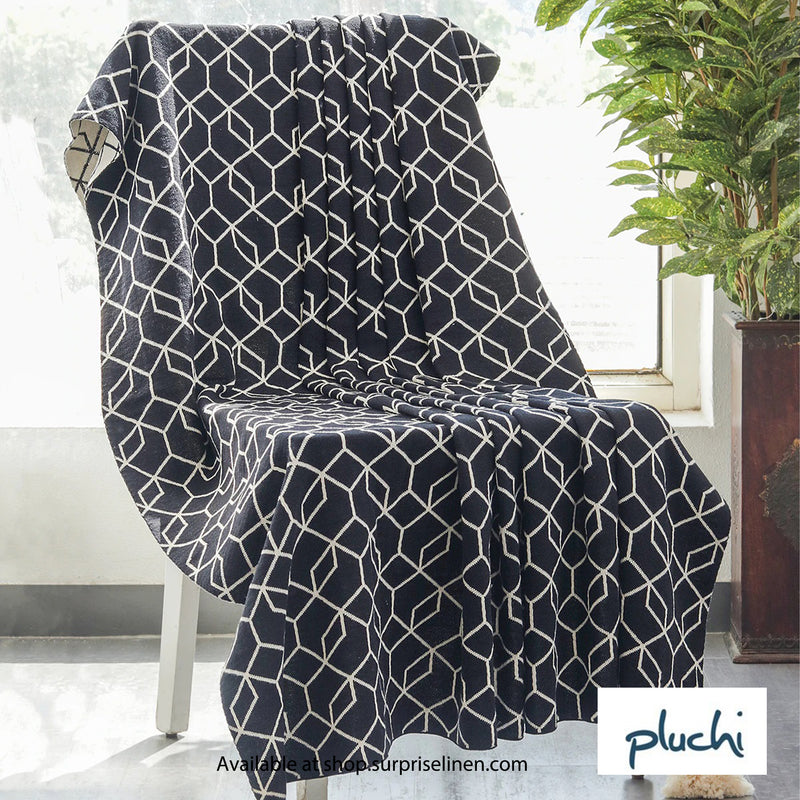 Pluchi - Trellis Pure Cotton Knitted All Season Ac Throw Blanket (Black & Natural)
