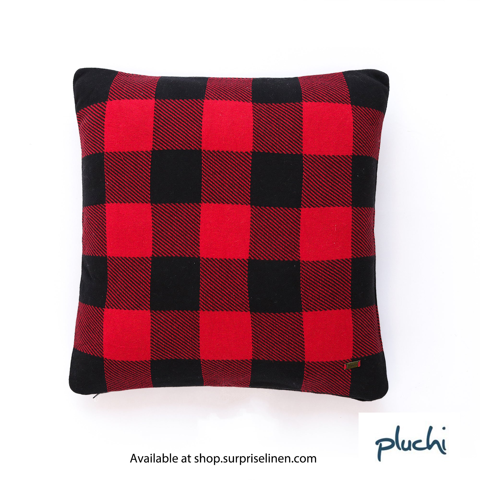 Pluchi - It's Checkered Way Cotton Knitted Decorative Cushion Cover (Black & Red)