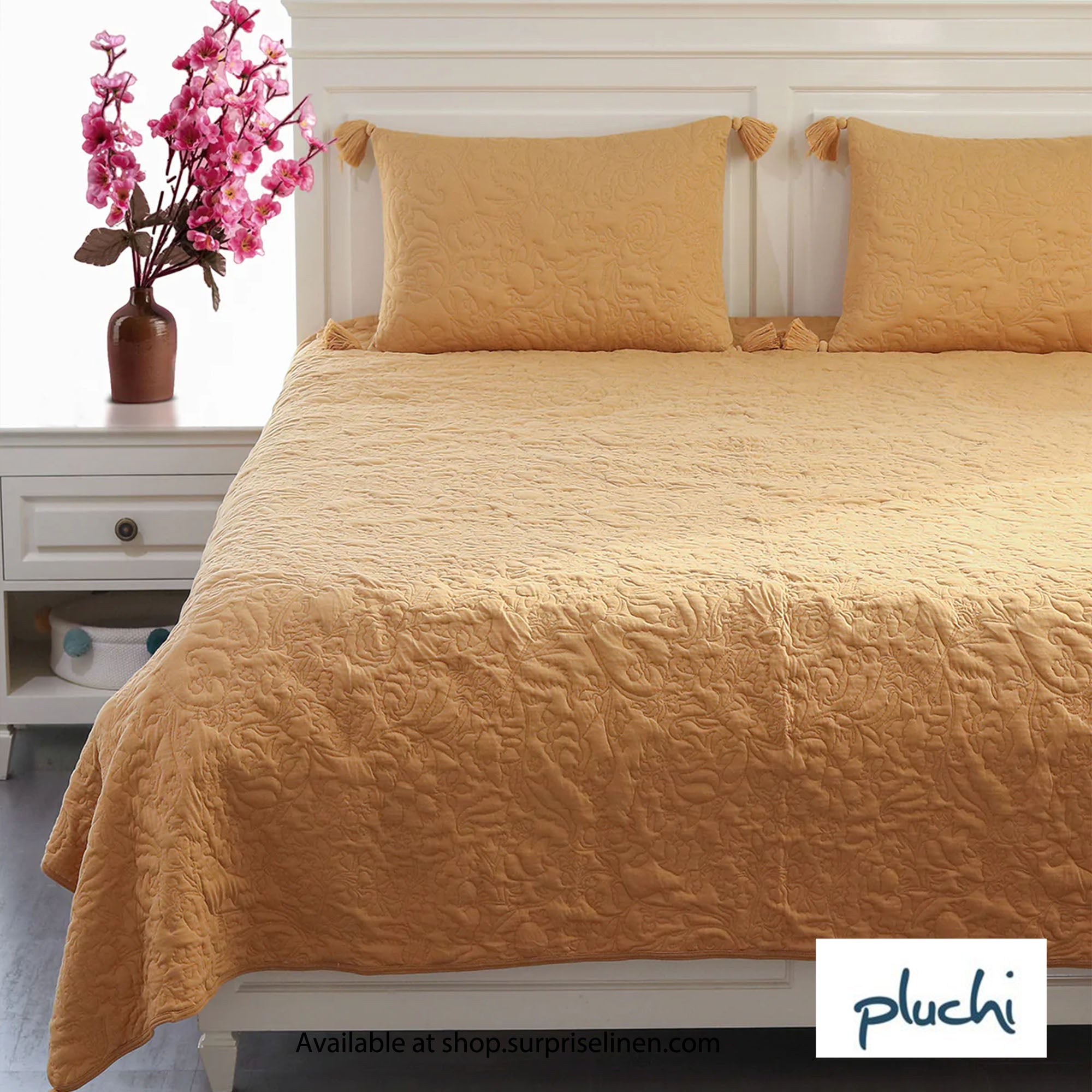 Pluchi - Summer Beauty 100% Cotton Knitted King Size 3 Pcs Bed Cover Set (Beige)