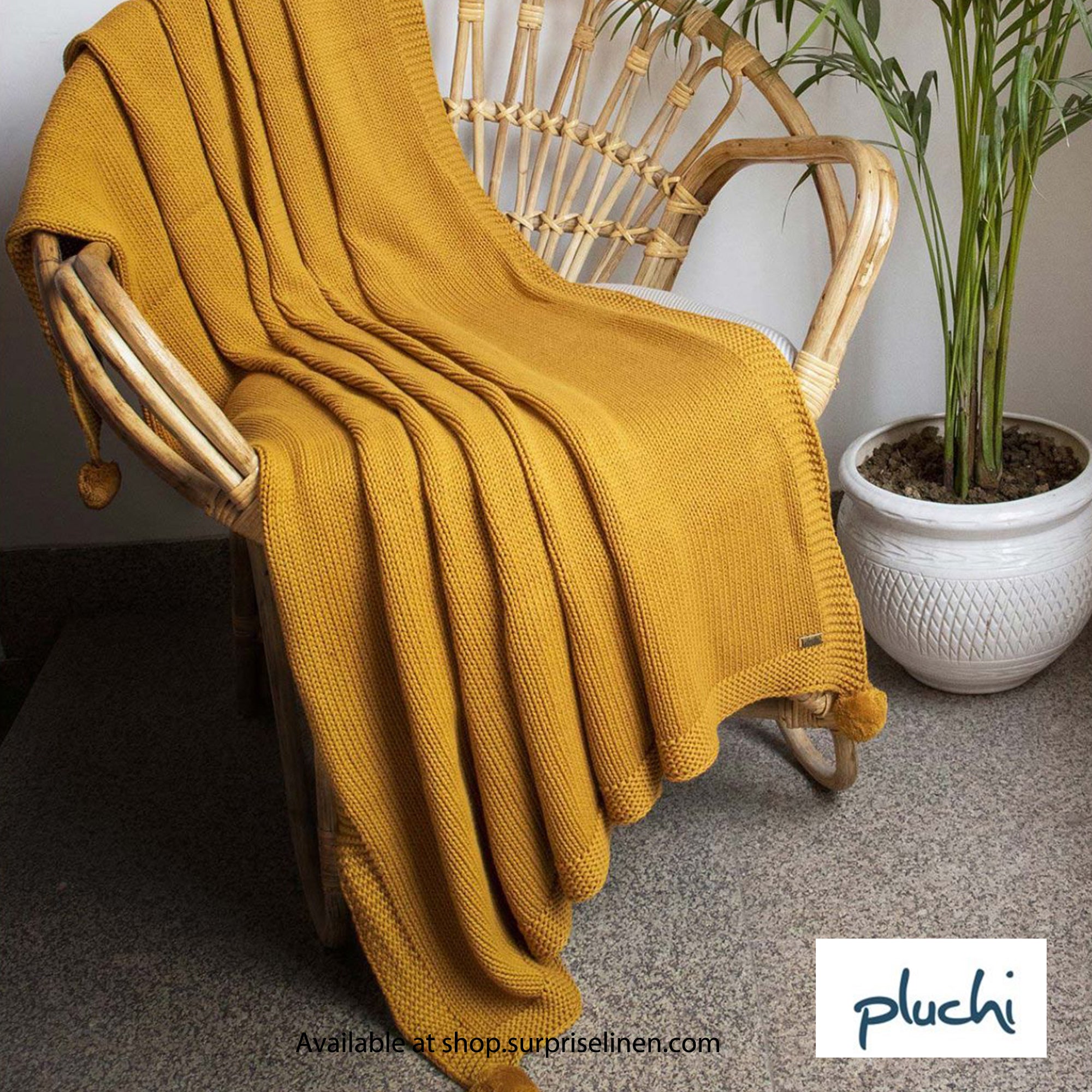 Pluchi - Jersey Chunky Knit Cotton Knitted Throw /Blanket  For Round The Year Use (Mustard)