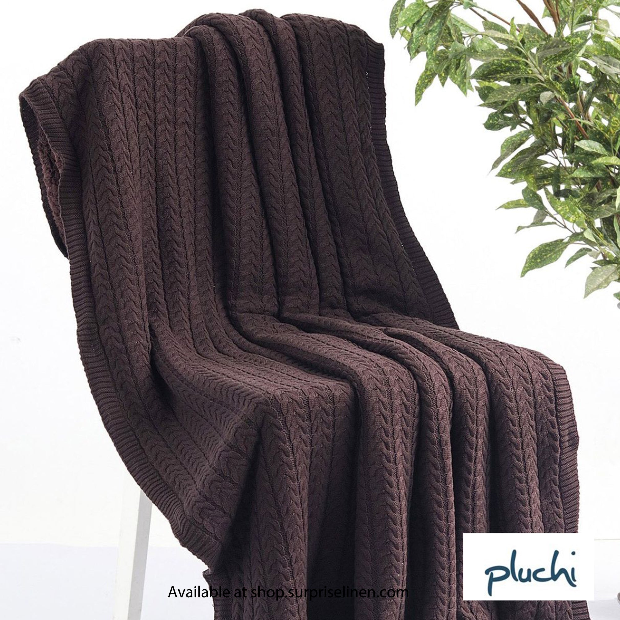 Pluchi - Mini Cable Knit Cotton Knitted Throw Blanket with Warm Sherpa Fabric Back (Brown)