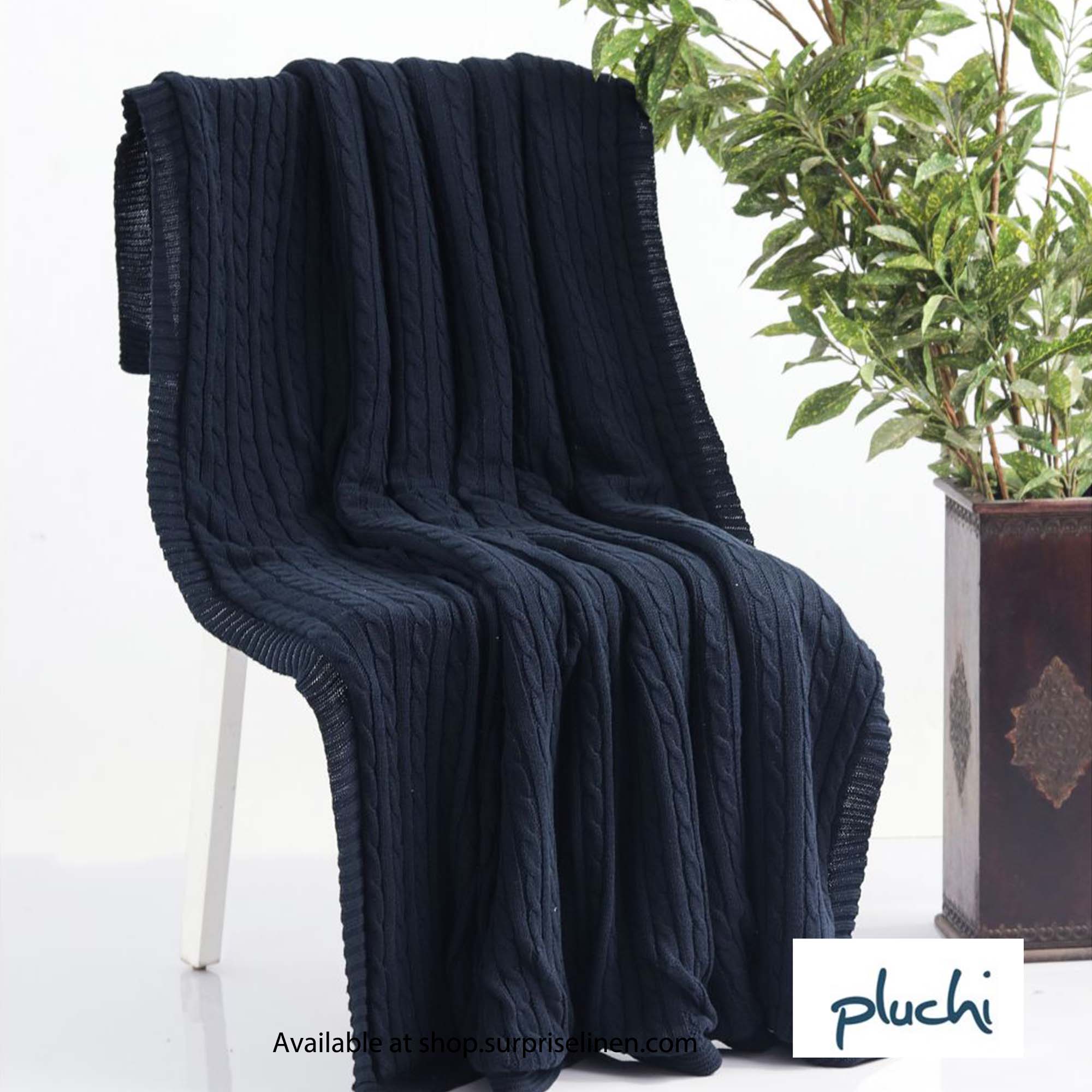 Pluchi - Mini Cable Knit Cotton Knitted Throw Blanket with Warm Sherpa Fabric Back (Navy)