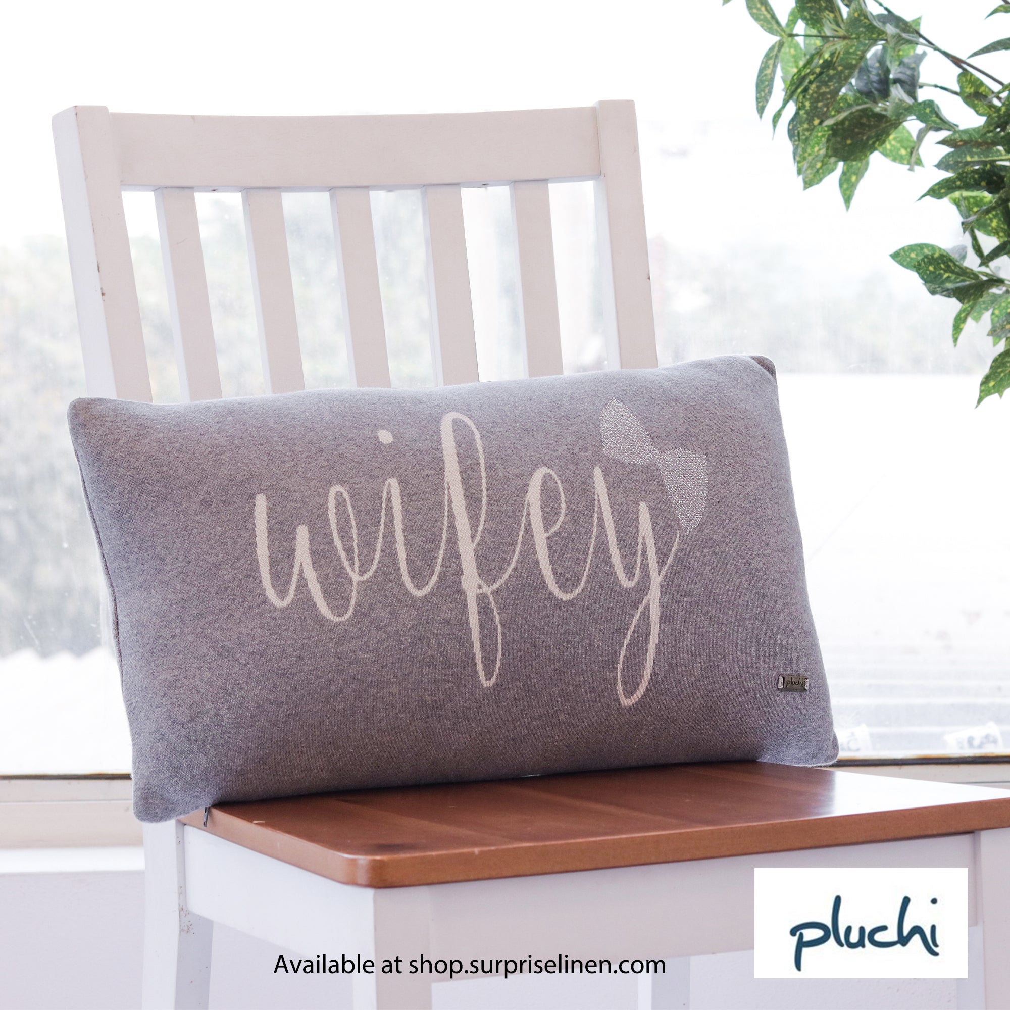 Pluchi - Hubby Wifey Cotton Knitted Cushion Cover Set Of 2 Pcs (Light Grey)