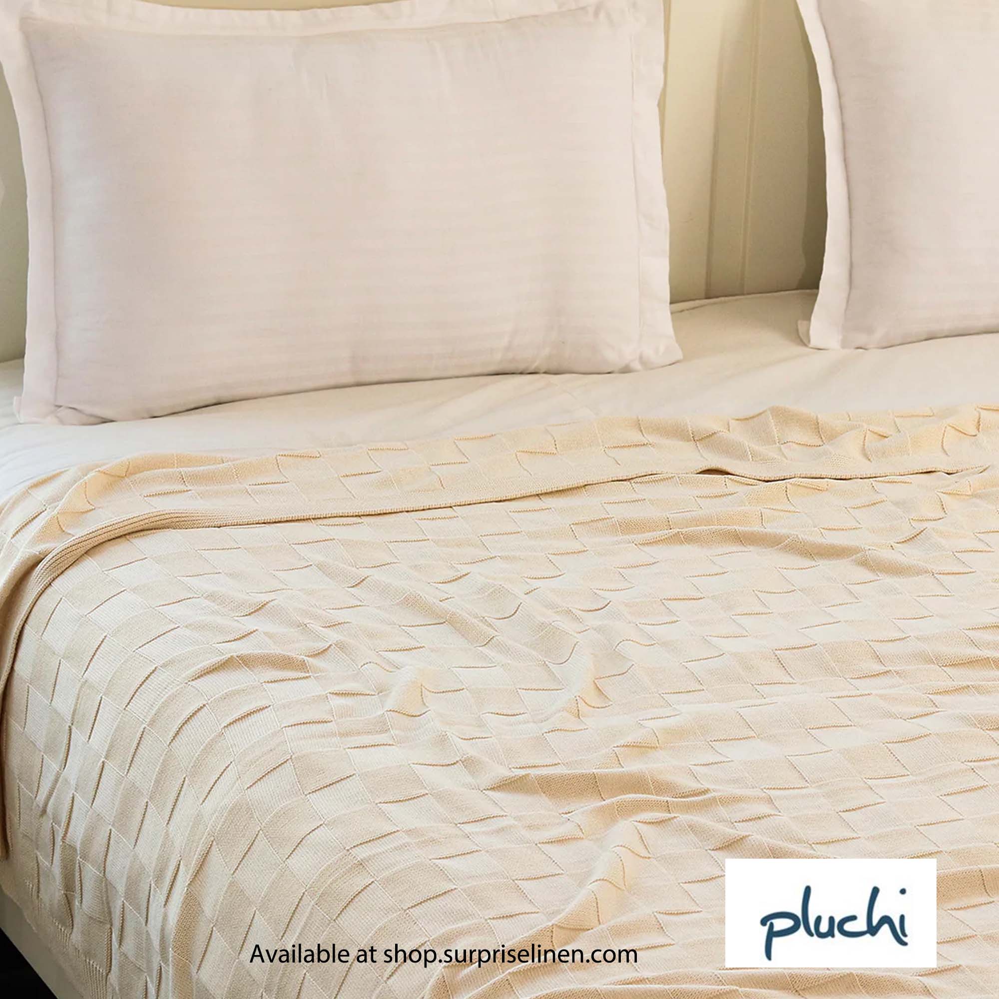 Pluchi - Square Checks Cotton Knitted Single Bed AC Blanket / Dohar For Round The Year Use (Natural)