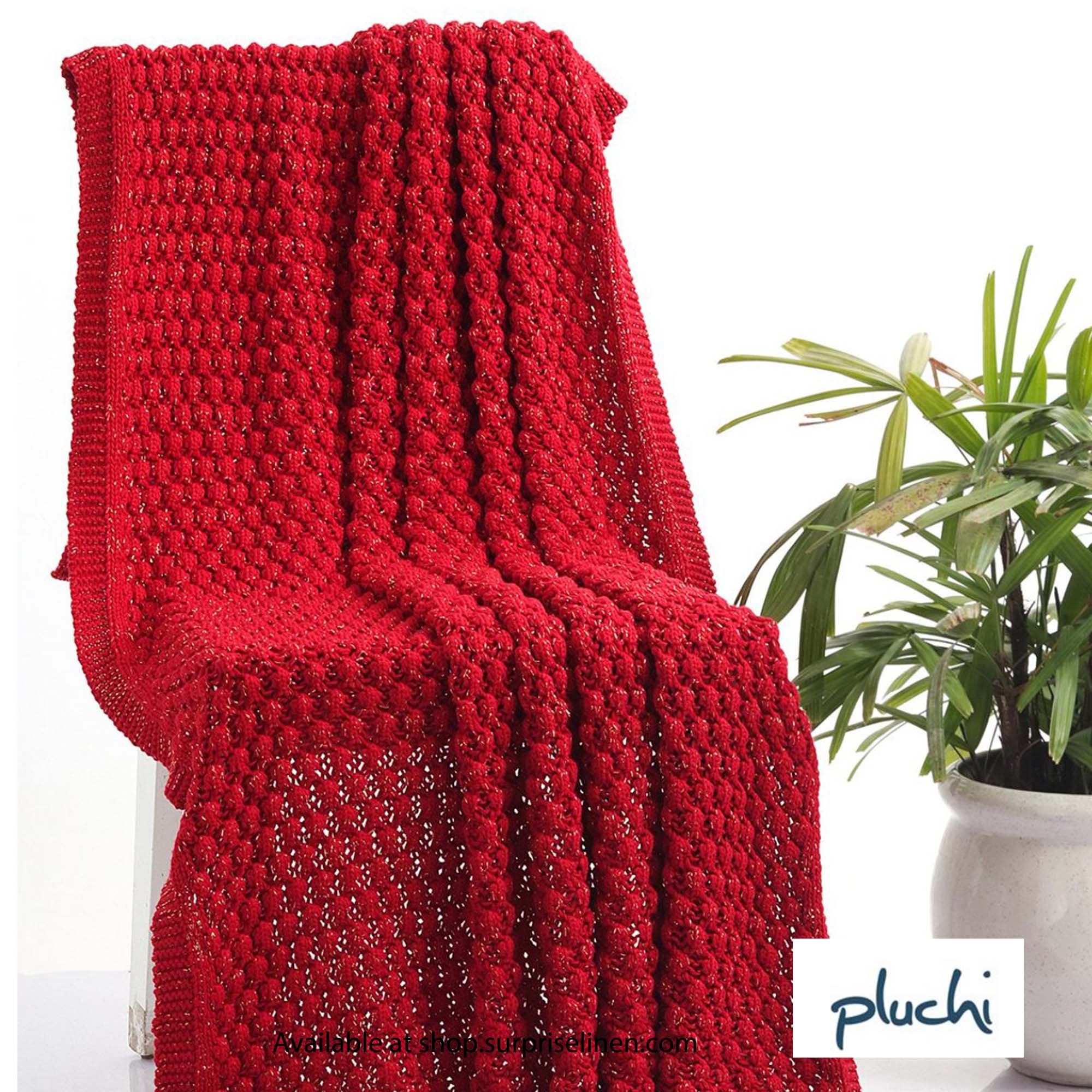 Pluchi - Popcorn Gold Metallic Yarn 100% Cotton Knitted All Season AC Throw Blanket (Red)