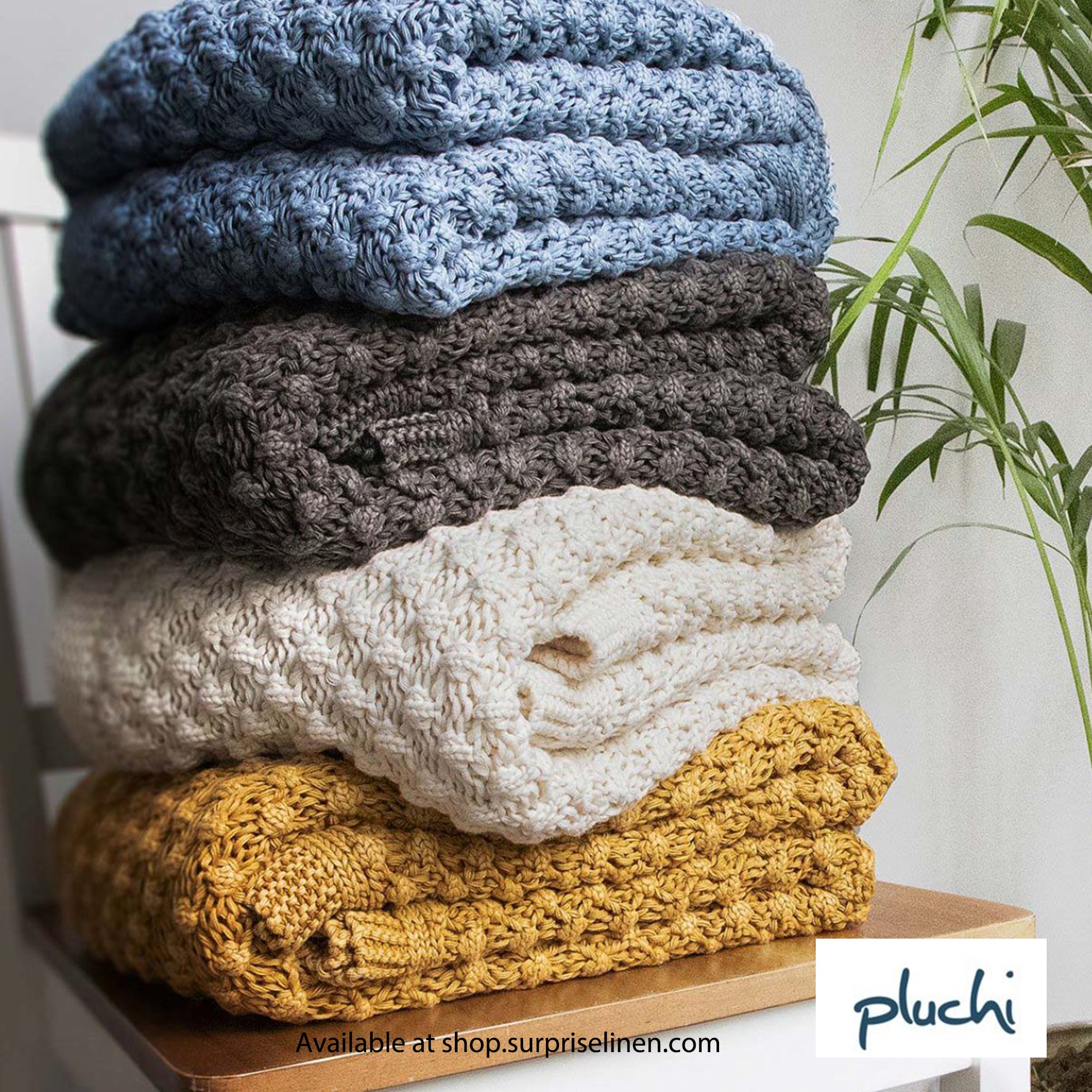 Pluchi - Popcorn Chunky Cotton Knitted Throw /Blanket  for Round the Year Use (Cream)