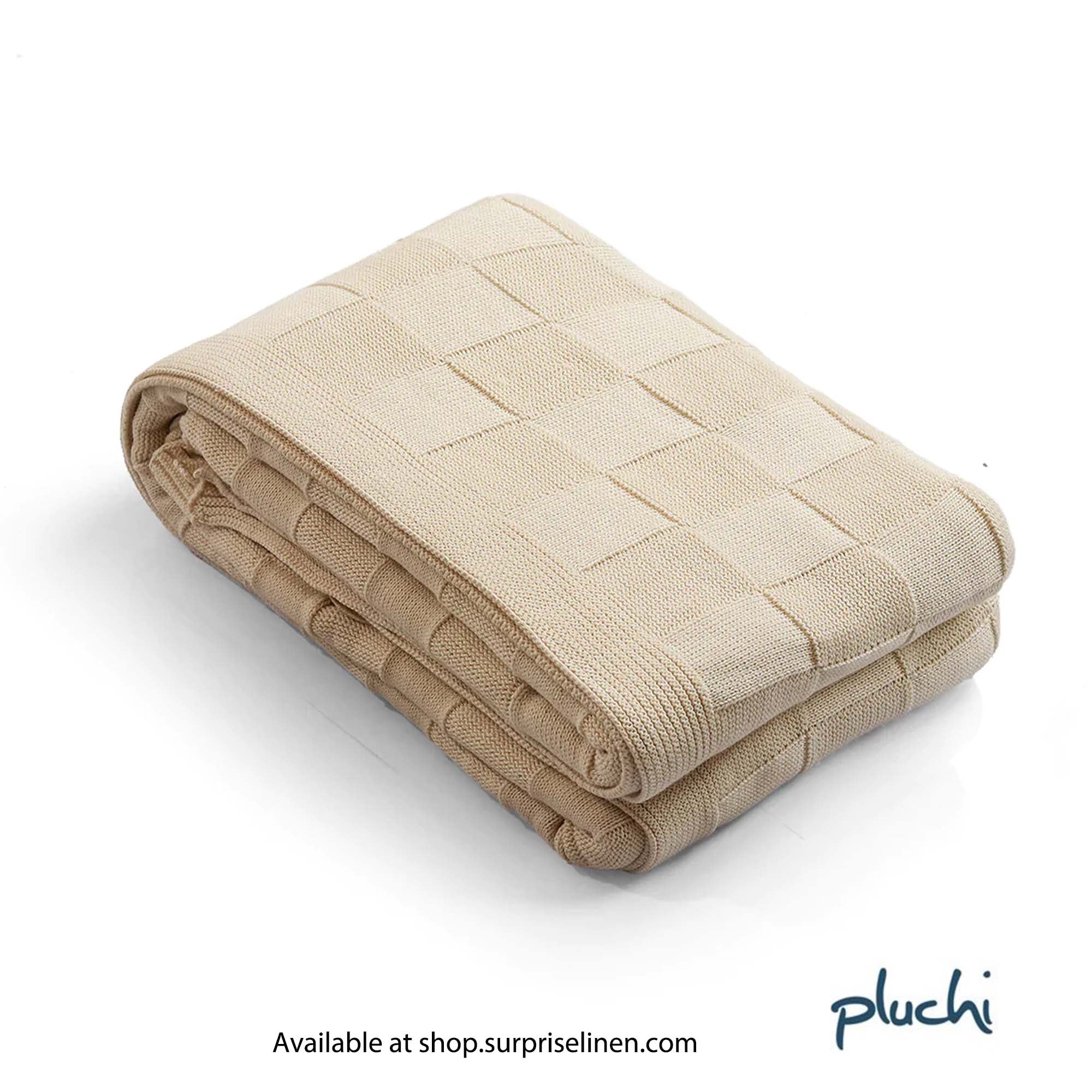 Pluchi - Square Checks Cotton Knitted Single Bed AC Blanket / Dohar For Round The Year Use (Natural)