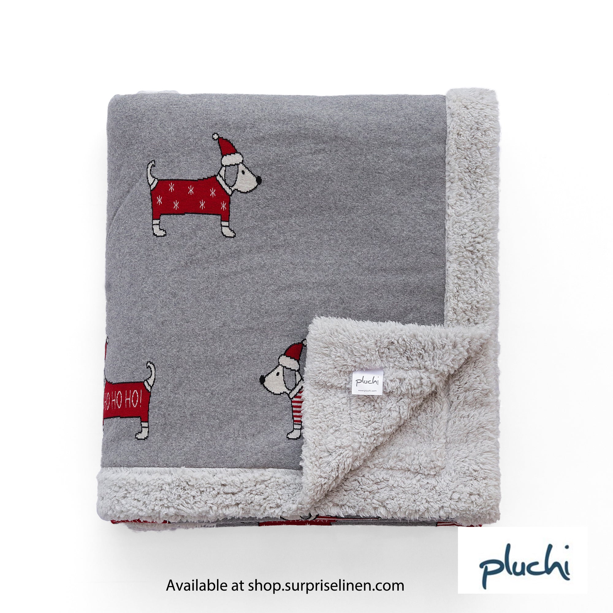 Pluchi - Santa Dog Cotton Knitted Kids Single Bed Blanket With Warm Sherpa Fabric (Light Grey)