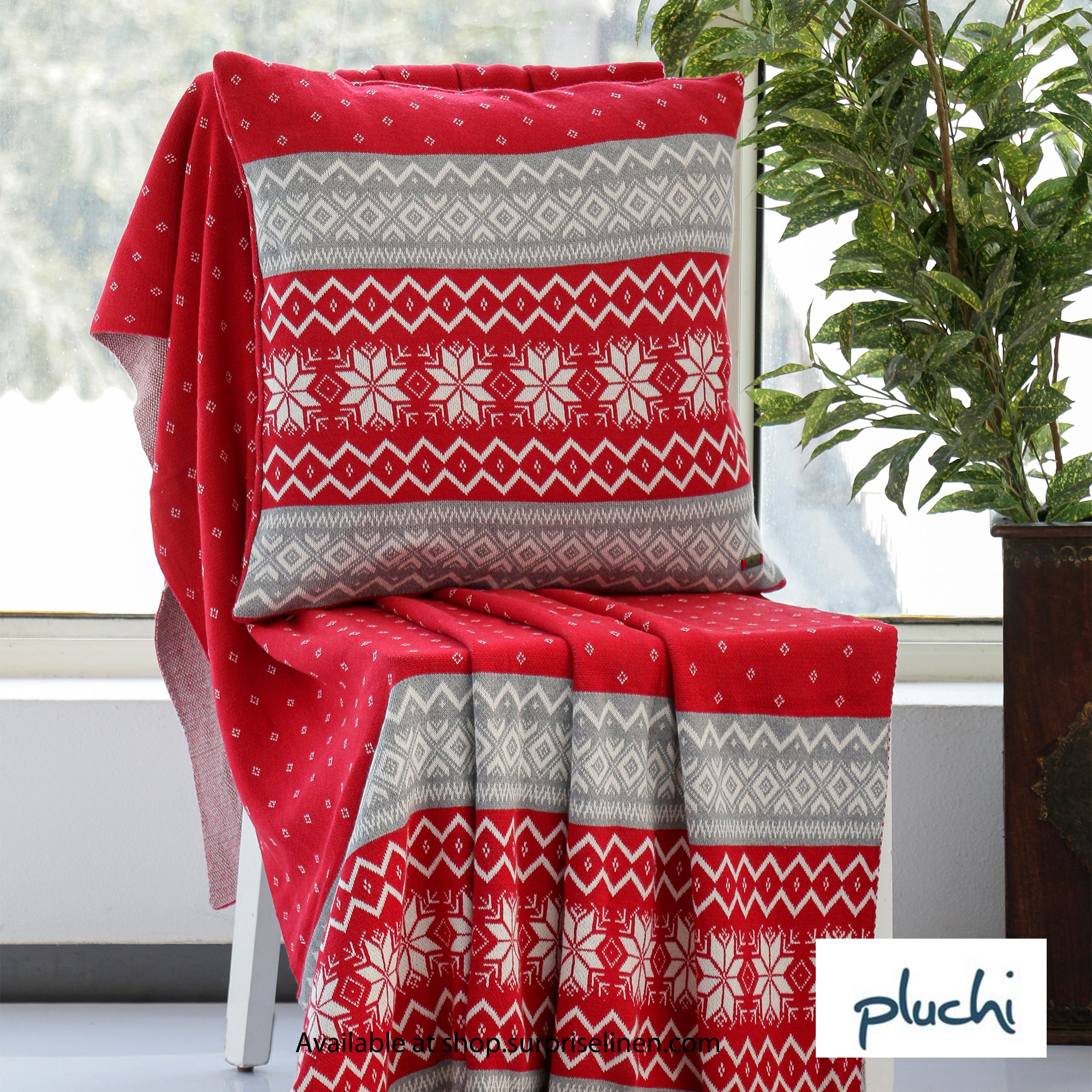 Pluchi - Snow Star Cotton Knitted All Season AC Throw Blanket (Red)