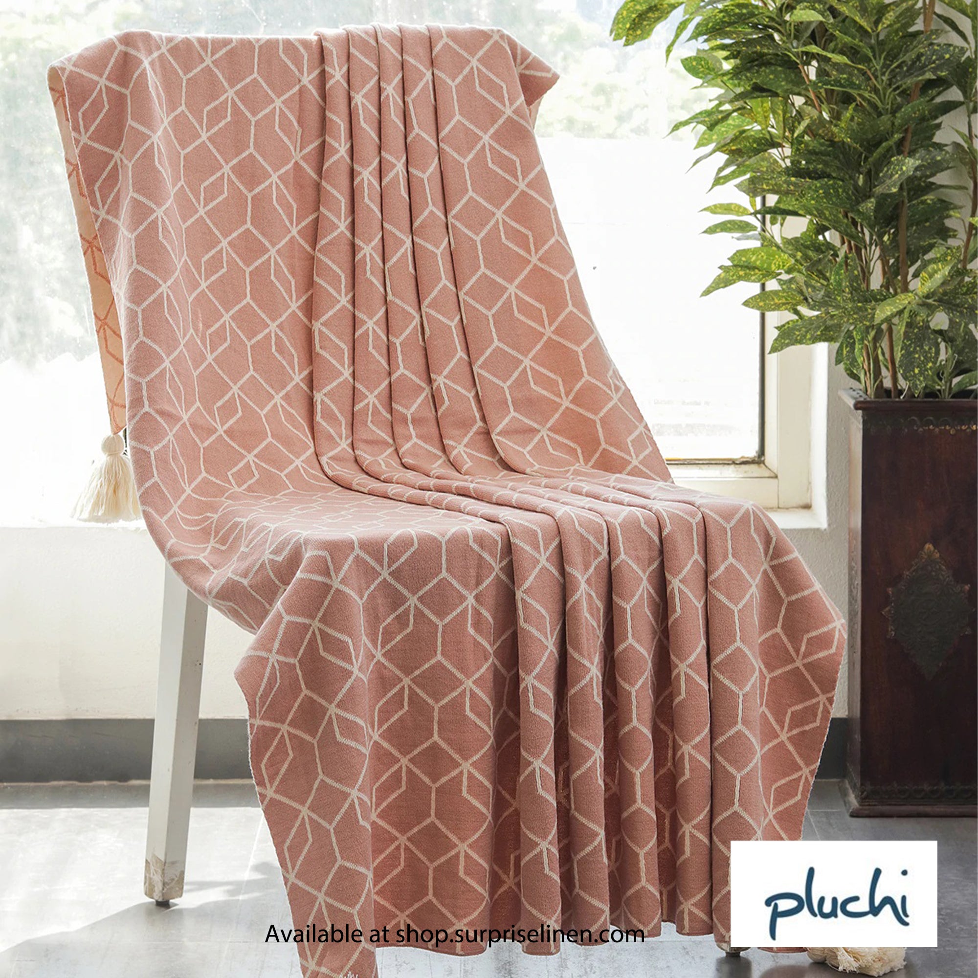 Pluchi - Trellis Pure Cotton Knitted All Season Ac Throw Blanket ( Blush Pink & Natural )