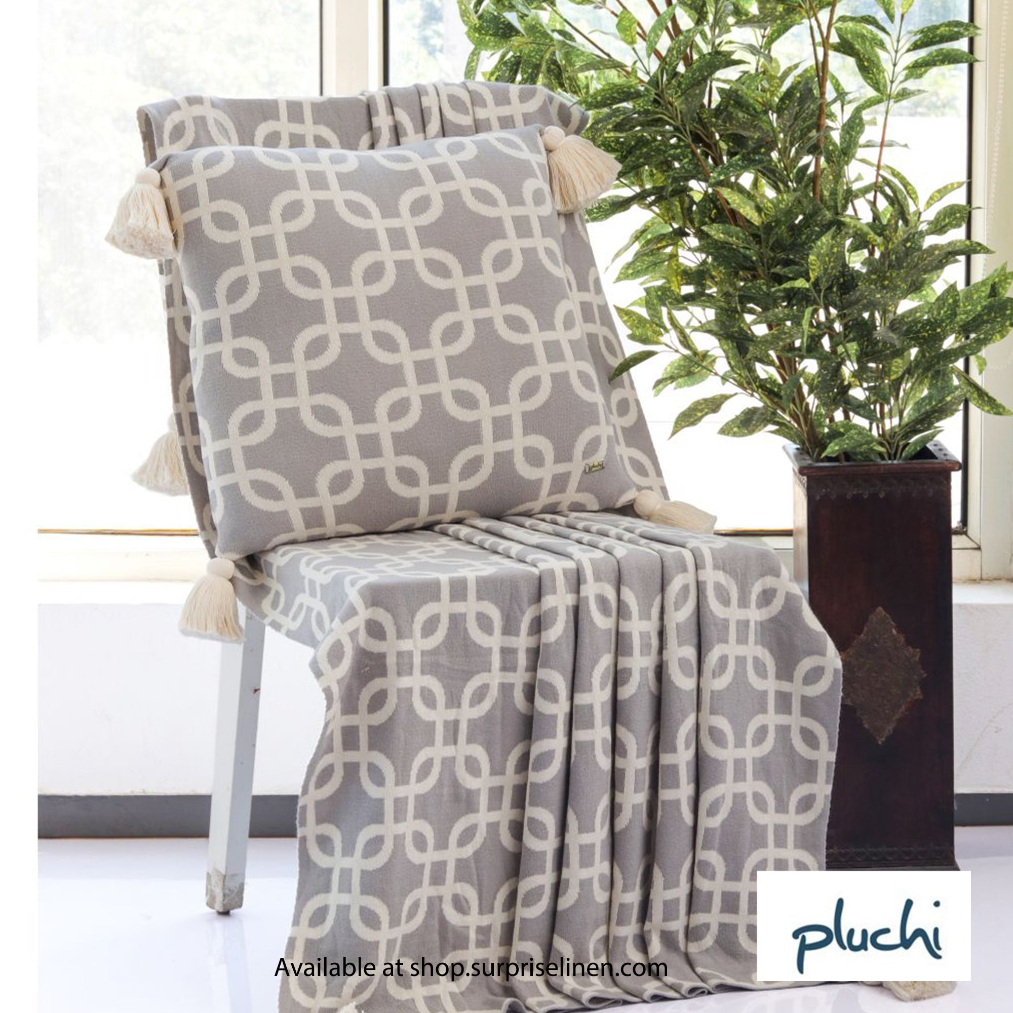 Pluchi - Gianna 100% Cotton Knitted All Season AC Throw Blanket (Light Grey & Natural)