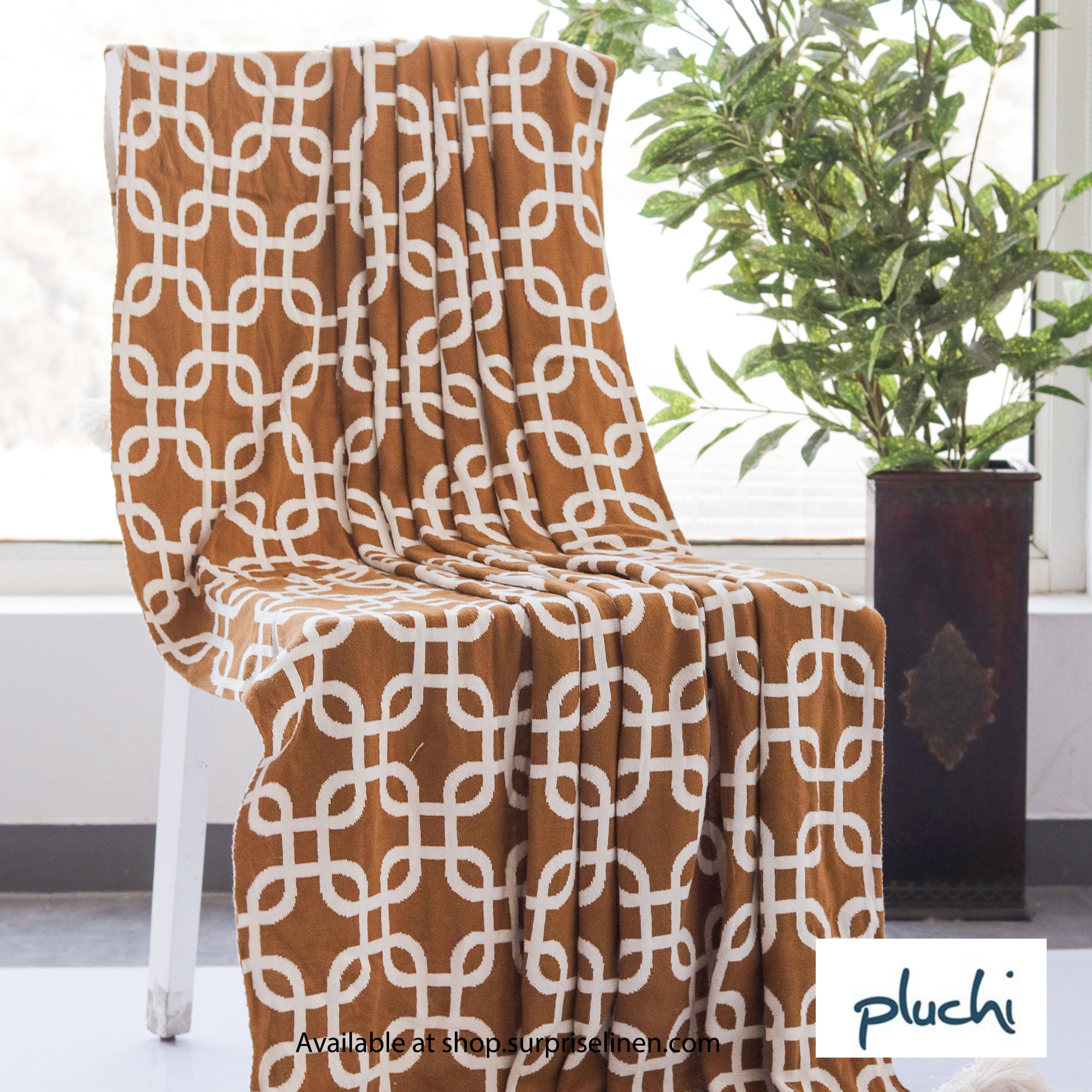 Pluchi - Stroke100% Cotton Knitted All Season AC Throw Blanket (Bronze & Natural)